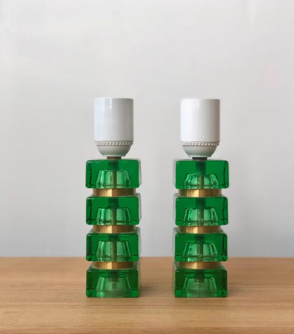 1960s Mini Green and Gold Table Lamps by Orrefors - a Pair - 4