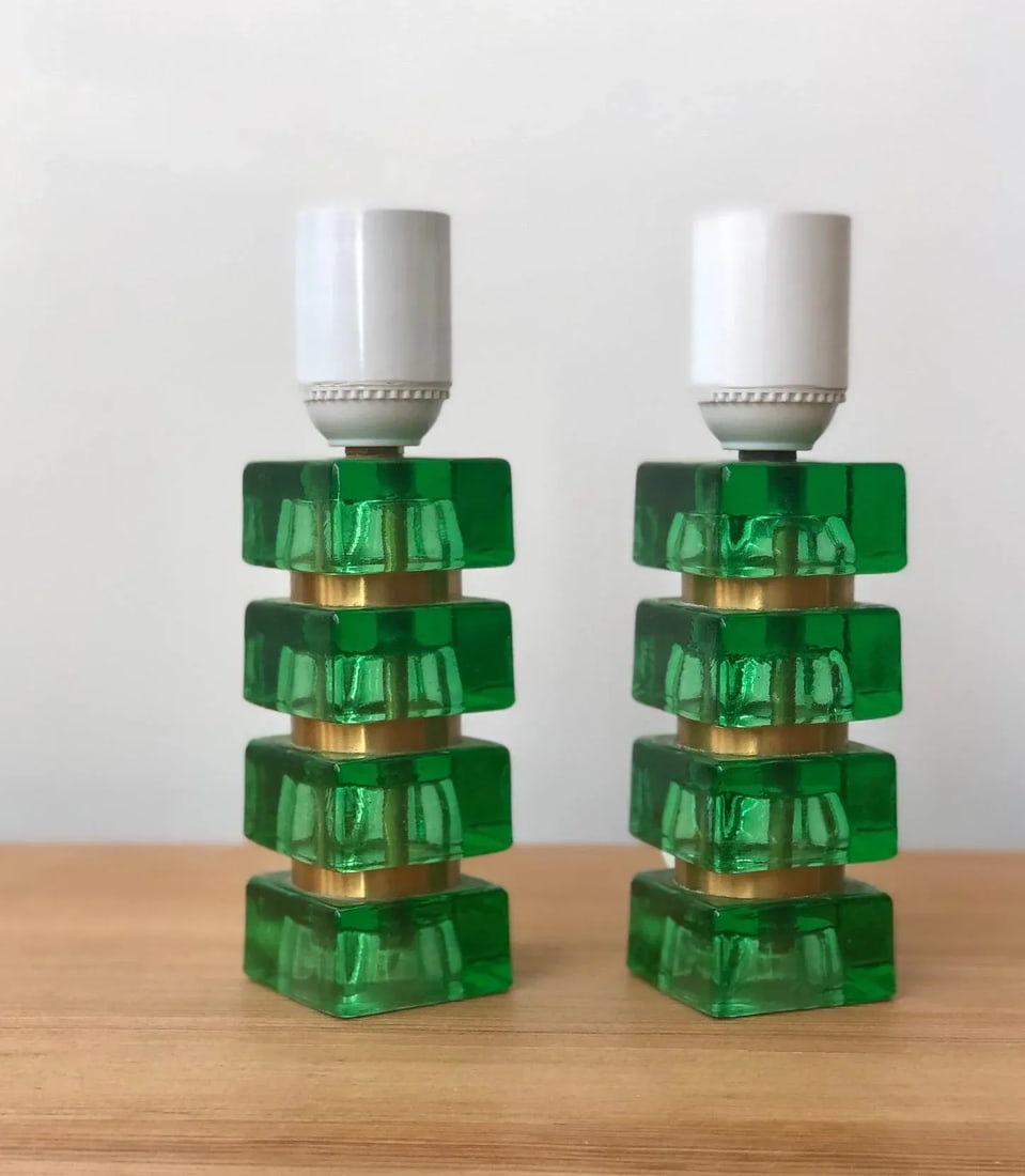 1960s Mini Green and Gold Table Lamps by Orrefors - a Pair - 5