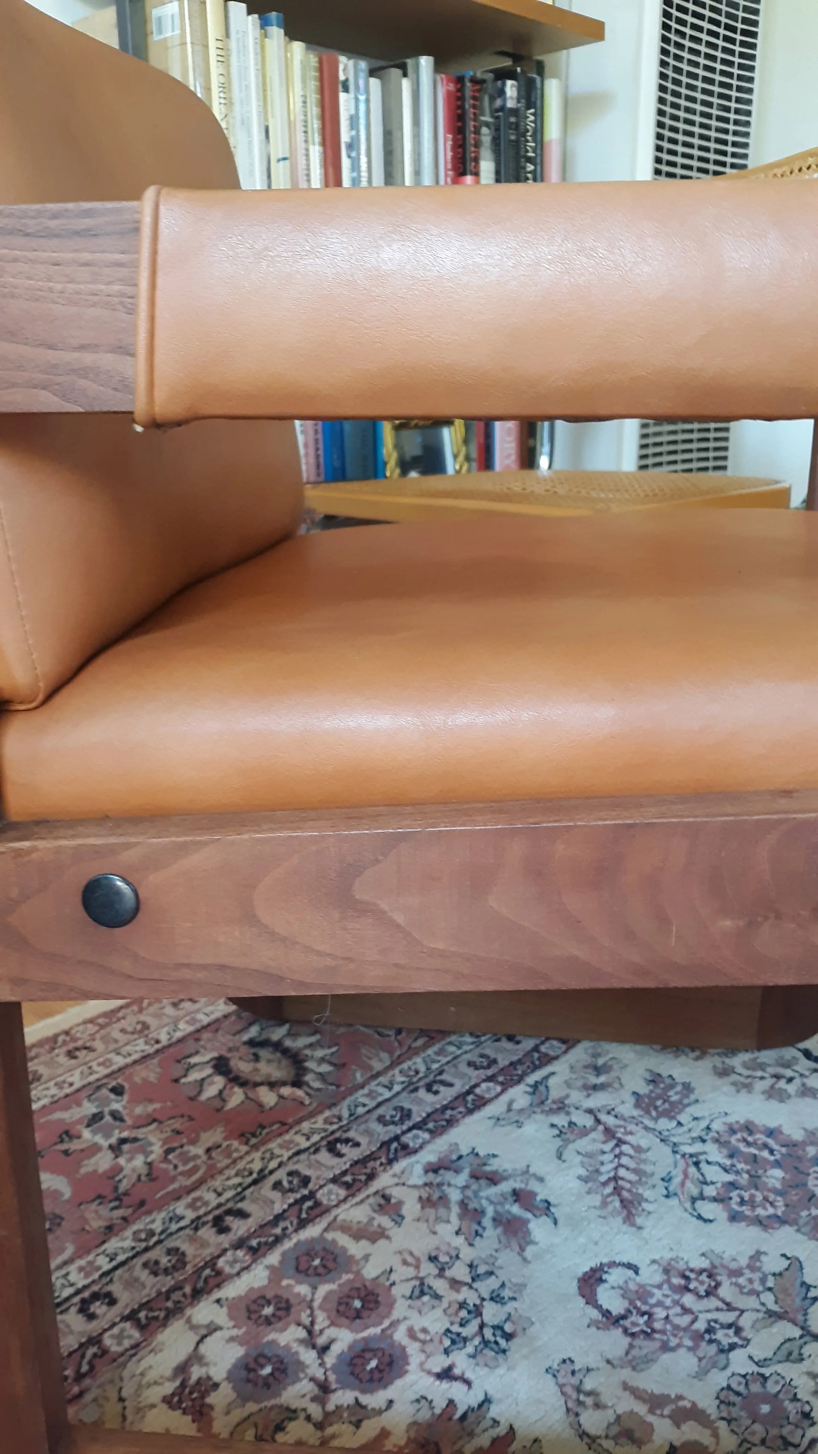 Vintage Solid Wood Library Armchair With Dark Honey Brown Vinyl - 10