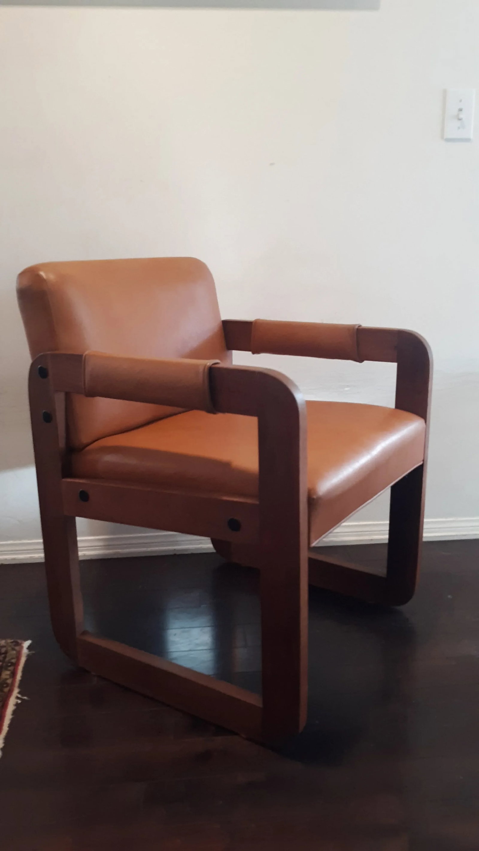 Vintage Solid Wood Library Armchair With Dark Honey Brown Vinyl - 11