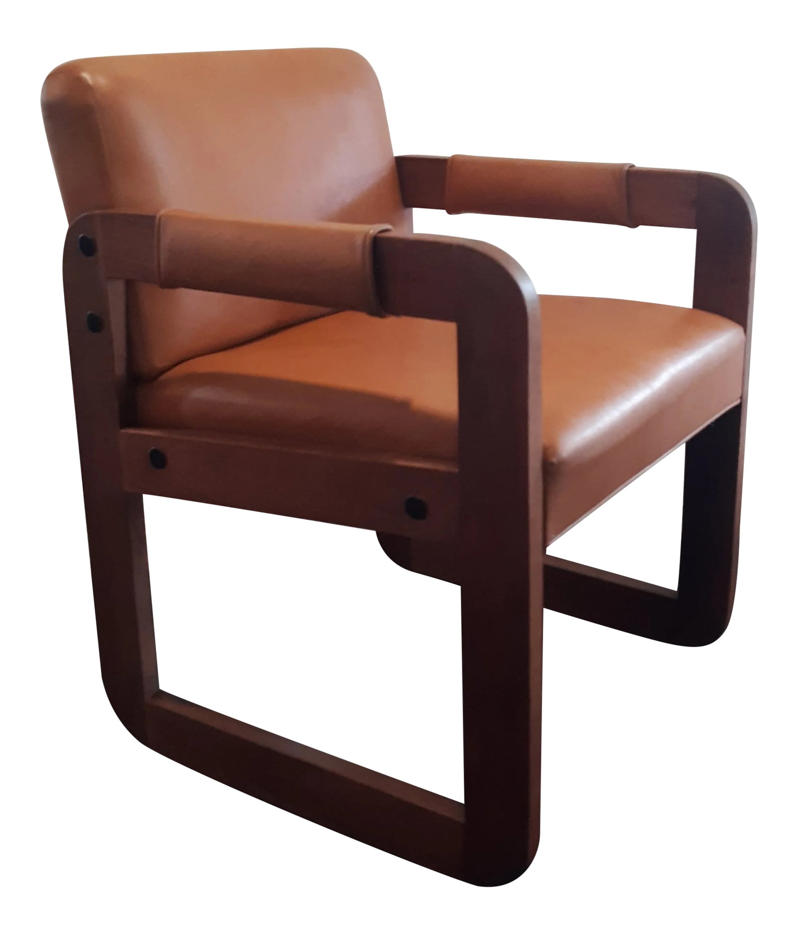 Vintage Solid Wood Library Armchair With Dark Honey Brown Vinyl: Great 1960/70s library armchair made of solid dark reddish wood with rounded edges. Upholstery is soft vinyl in a light brown/honey color. The arm rest also have a part covered in the vinyl for extra 