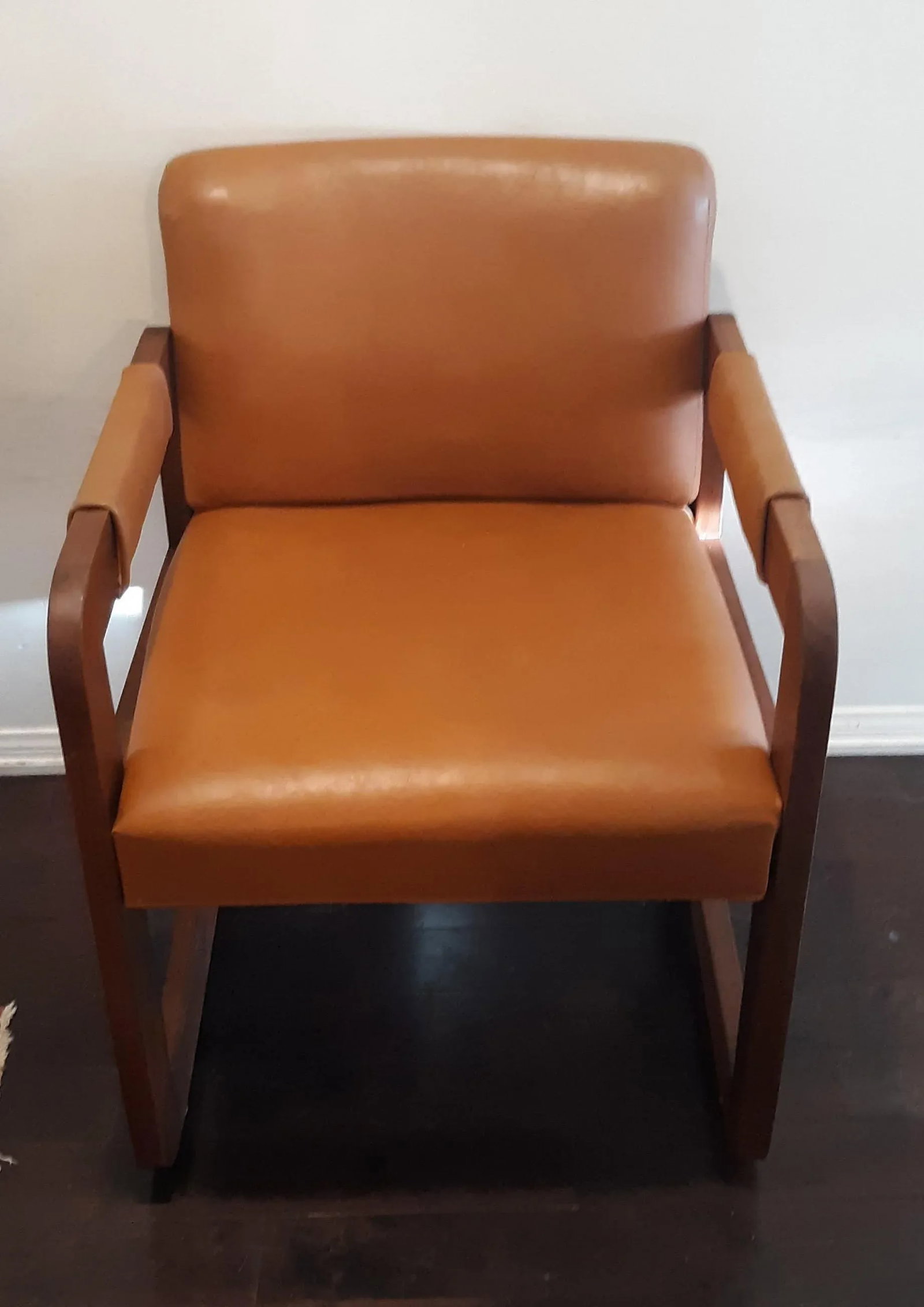 Vintage Solid Wood Library Armchair With Dark Honey Brown Vinyl - 2