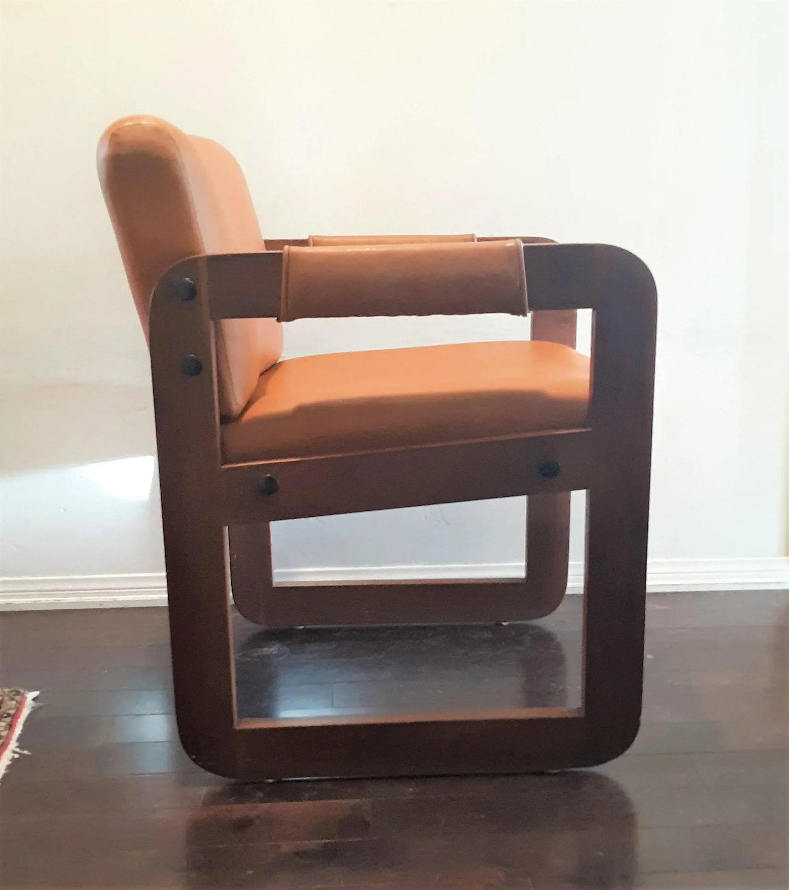 Vintage Solid Wood Library Armchair With Dark Honey Brown Vinyl - 3