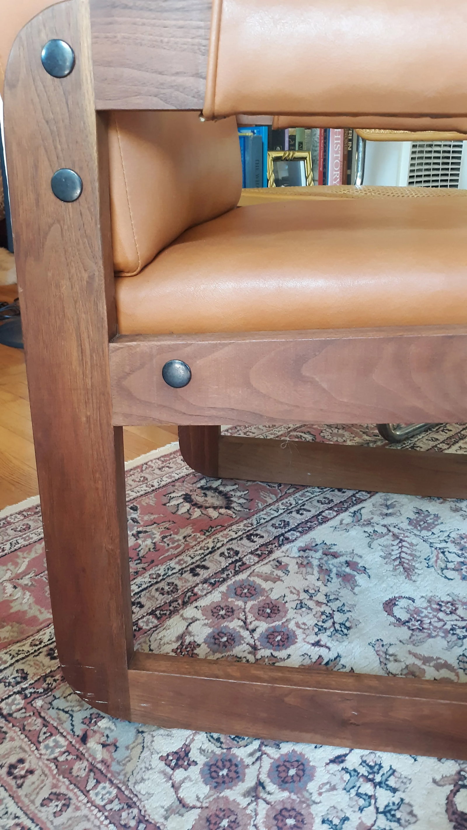 Vintage Solid Wood Library Armchair With Dark Honey Brown Vinyl - 5