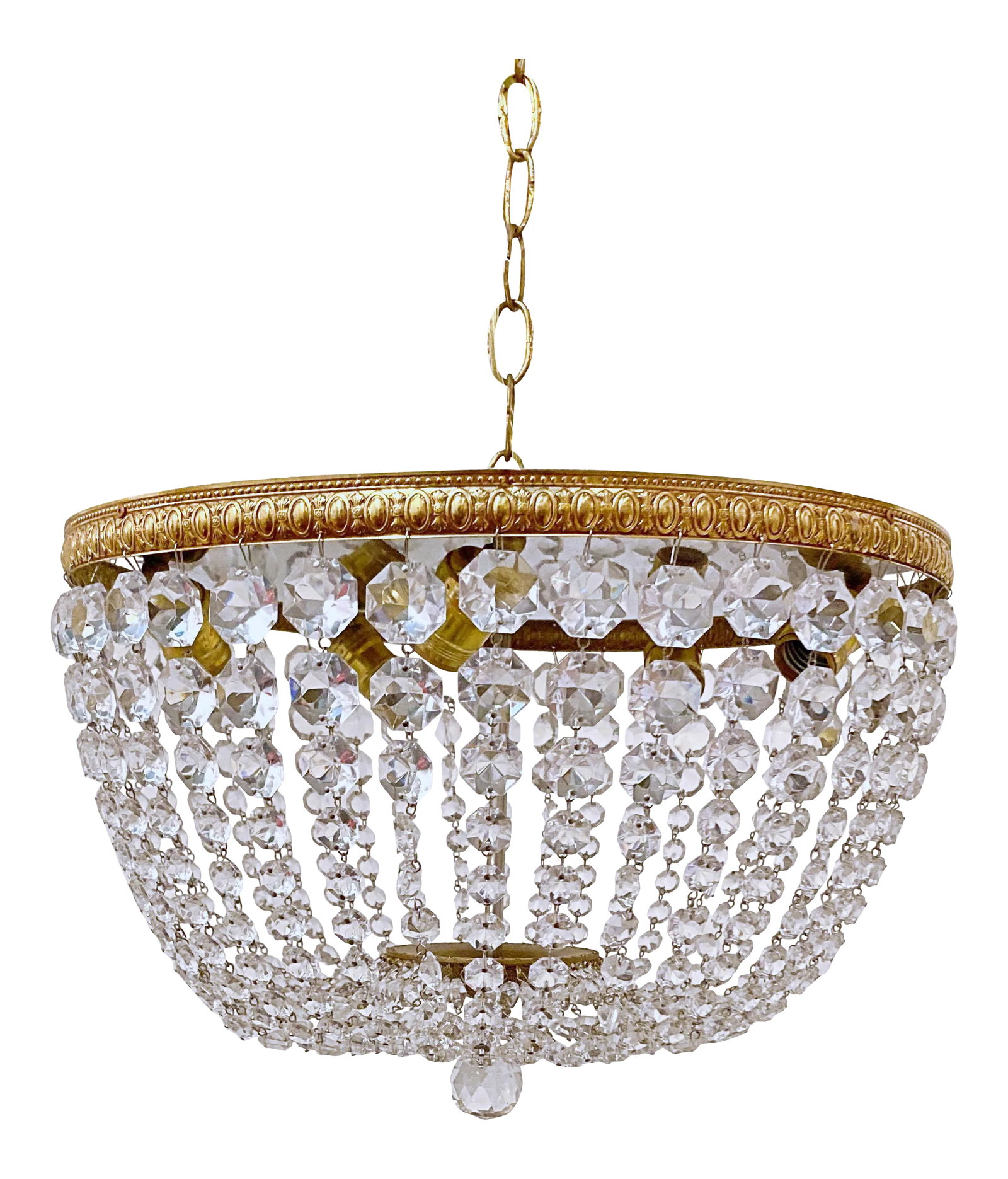 1950s Italian Bronze Basket Chandelier: Italian Basket chandelier with bronze rim and 30% led graduated octagon chain. It has 5 Edison base sockets the each can hold up to 60 watts each or equivalent LED lightbulbs. #214 Condition: Alterati