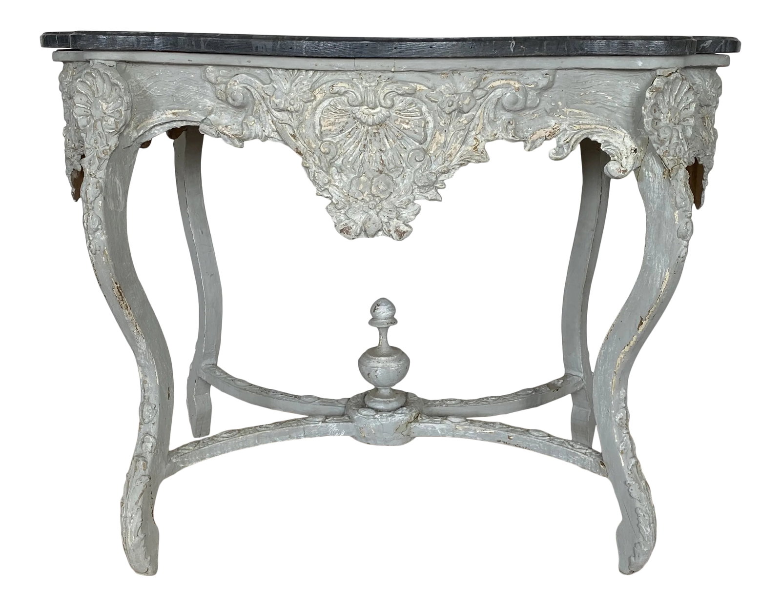 19th Century French Center Hall Table: Gorgeous antique center hall table with a fabulous Paris gray chippy paint finish. Heavily carved wood and gesso details. The wood top has been painted to look like marble. A beautiful statement piece