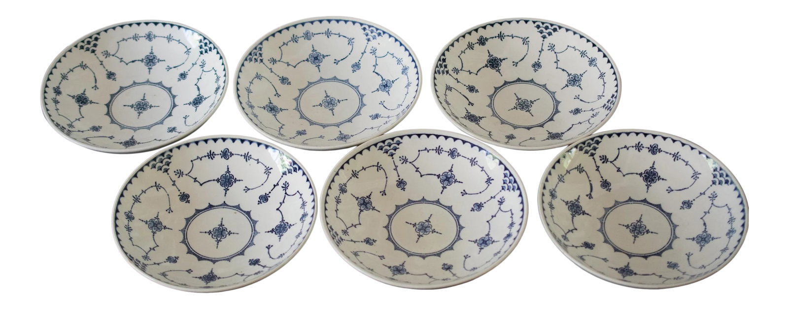 Vintage Royal China a 56 Delft Modern Salad Bowls- Set of 6: This listing is for a set of 6, Delft Modern salad bowls. Stamped Royal China A 56 on the bottom. Each bowl measures 7 7/8" w x 1.5" tall Condition: Excellent. A few have slight color differences but 