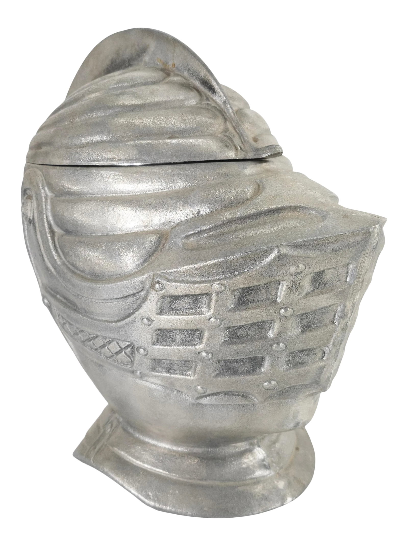 Late 20th Century Medieval Knight Helmet Ice Bucket: We are selling this great mid-century style ice bucket in the form of a helmet. The medieval helmet is made of a pewter like metal and has a lid that raises to reveal the ice bucket, there is even a
