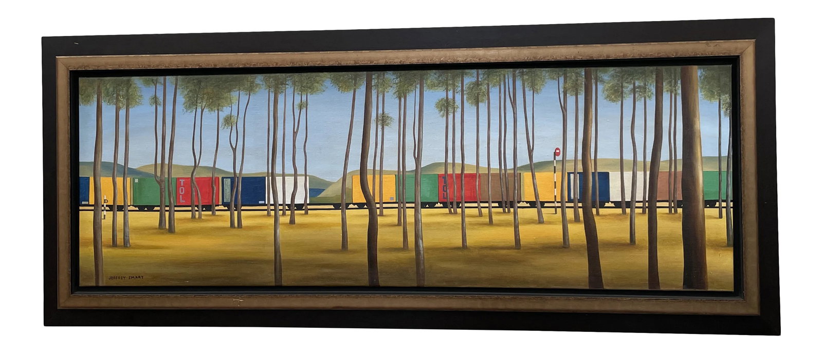 Contemporary Train and Landscape Painting In the Style of Jeffrey Smart, Framed: Oil on canvas painting of train in tropical setting with palm trees in landscape. The painting is inspired by the iconic work of Jeffrey Smart. It is large and dramatic. It is framed in a gold and dar