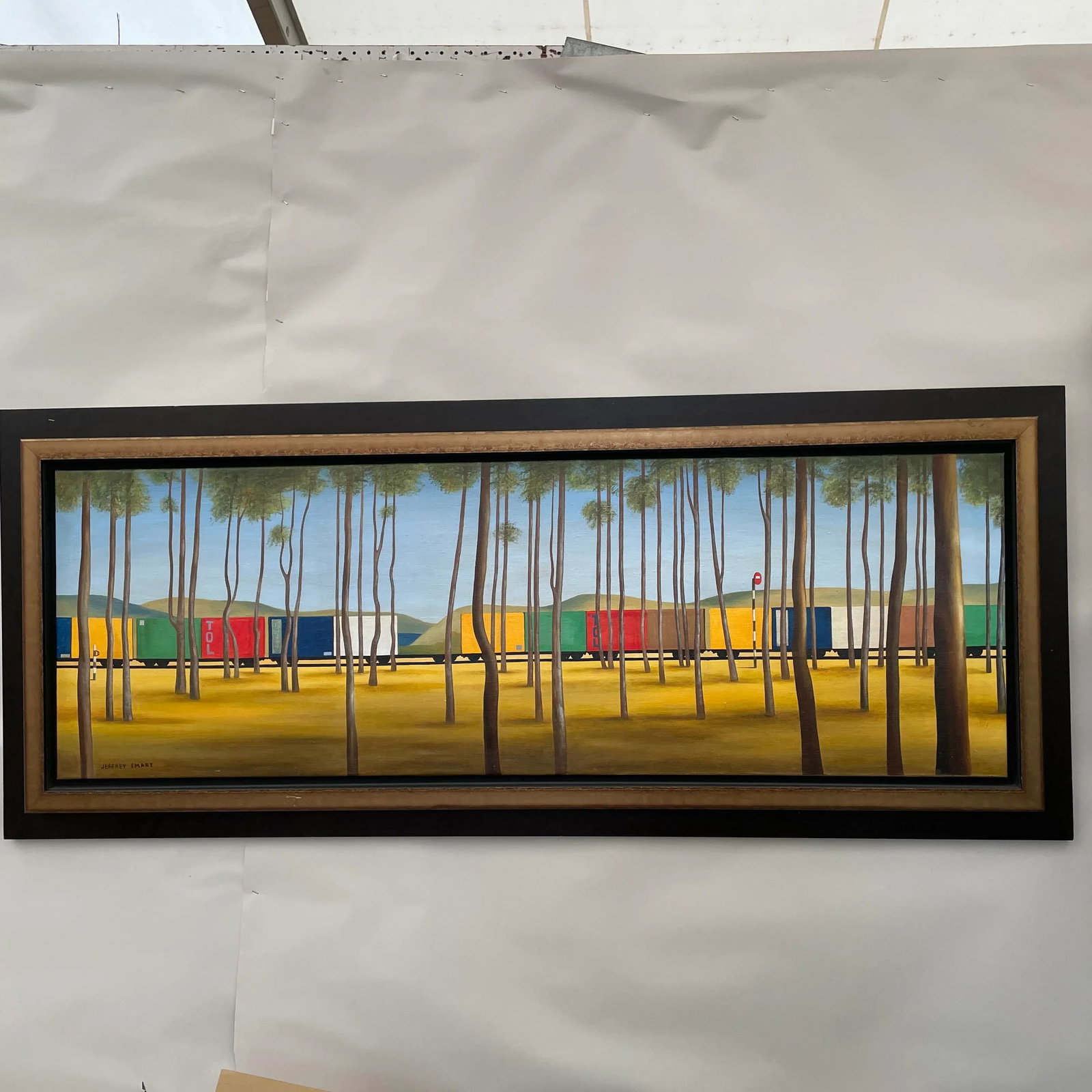 Contemporary Train and Landscape Painting In the Style of Jeffrey Smart, Framed - 2