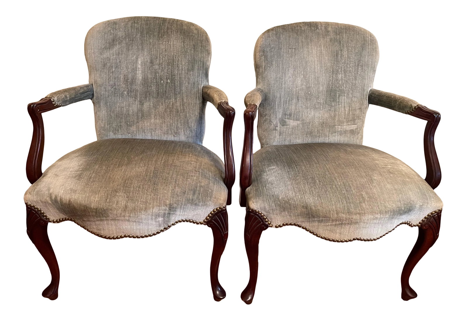 Hickory Chair Co. Mahogany Armchairs Sage Green Velvet Brass Nailhead Trim - a Pair: This listing is for a pair of Hickory Chair Co. mahogany armchairs, upholstered in a sage green velvet with brass nailhead trim. The armchairs are sturdy and comfortable to sit in and feature a wide