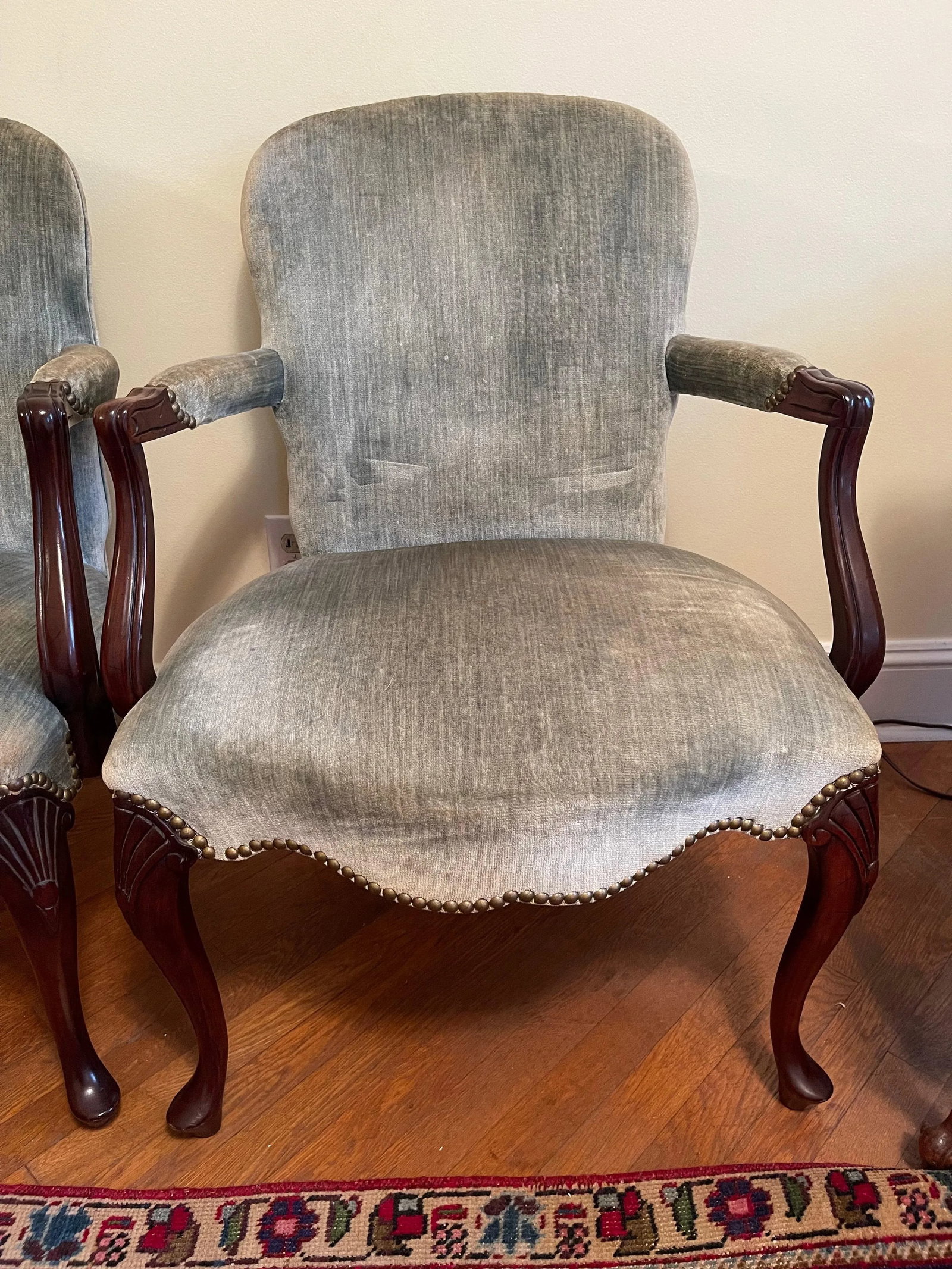 Hickory Chair Co. Mahogany Armchairs Sage Green Velvet Brass Nailhead Trim - a Pair - 5