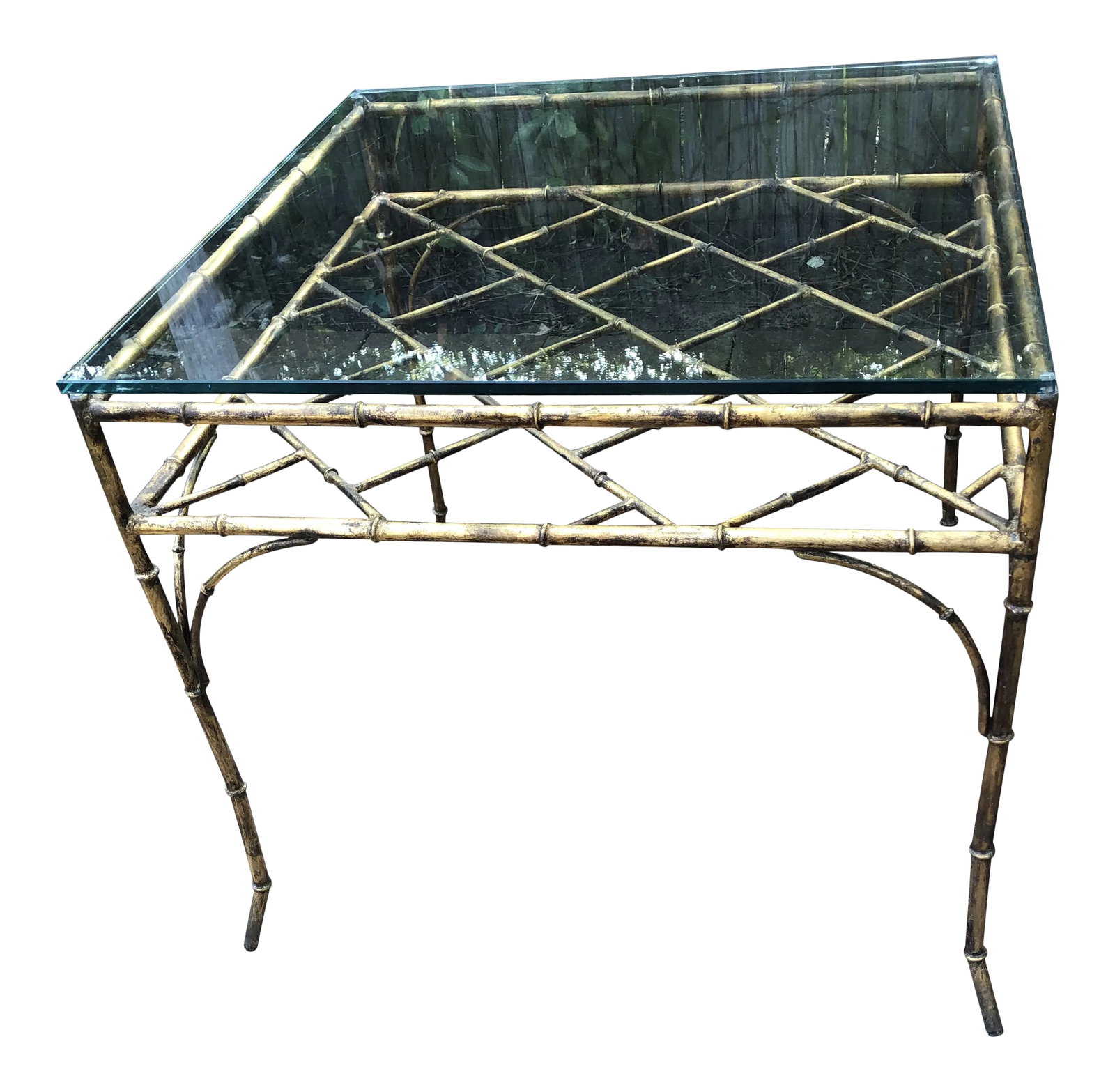 1960s Italian Gilt Faux Bamboo Game/Breakfast Table: Italian gilt faux bamboo table. Could be used for a breakfast table or game table. Lots of fun faux bamboo detailing. Glass top has some minor scratches. The table legs have caps for protecting the fl