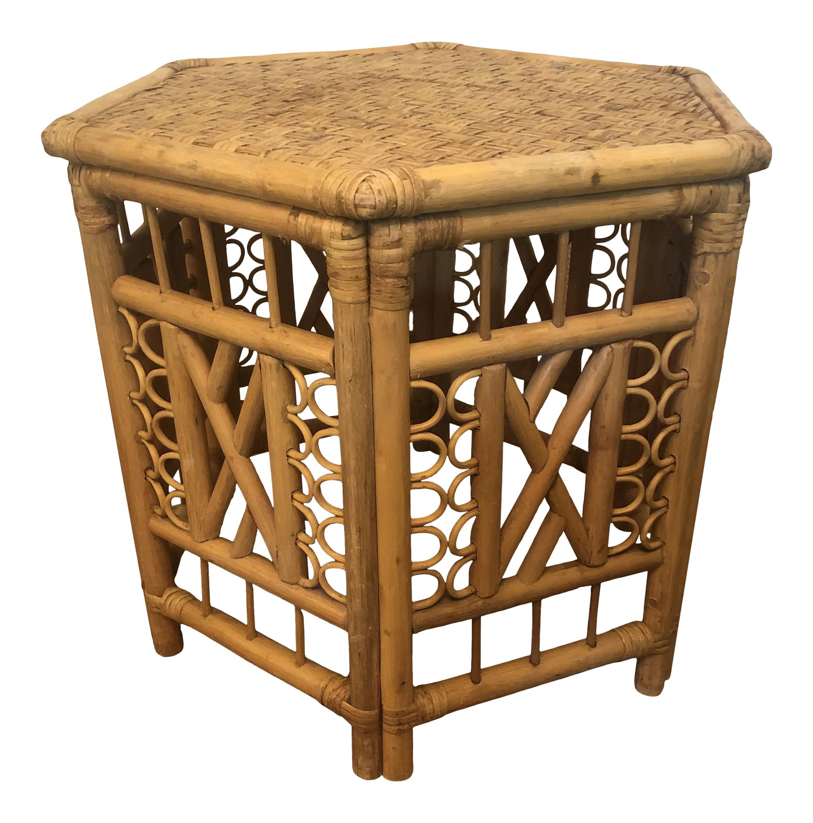 1970s Brighton Pavilion Rattan Side Table: Vintage hexagonal rattan side table.It is solid and very clean. All the wraps are intact. Condition: Alterations: Original Condition Unaltered Imperfections: Some Imperfections Condition Notes: Great 