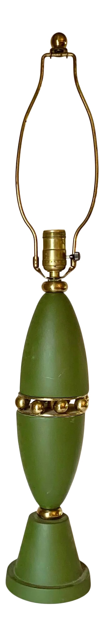 1950's Mid-Century Modern Green and Gold Atomic Ceramic Lamp: Wonderful working Mid Century green atomic shaped lamp with gold accents. 20" H to base of socket. 30" H total with harp. 5" W base. Harp included. Condition: Alterations: Original Condition Unaltered