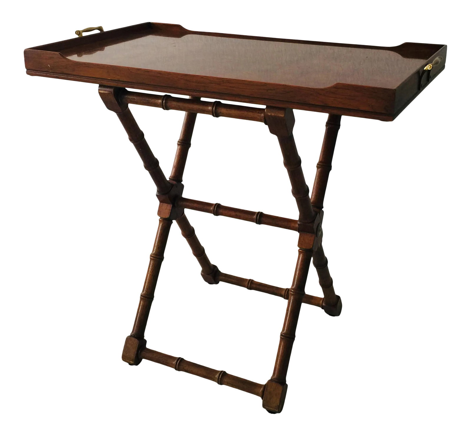 1970s Drexel Burlwood Butler's Tray Table: Purchased at an estate sale outside Chicago, this tray table features a book matched burlwood tray top with brass handles that lits easily from the stand for service. Ingeniously designed so that the
