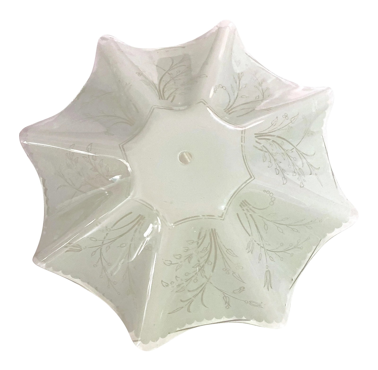 1950's Ruffled Glass Semi Flush Shade: This ruffled shade can be hung both ways and was most likely originally a pull down shade but can be easily used as a semi flush. It had a really pretty etched floral design on the white part and pret
