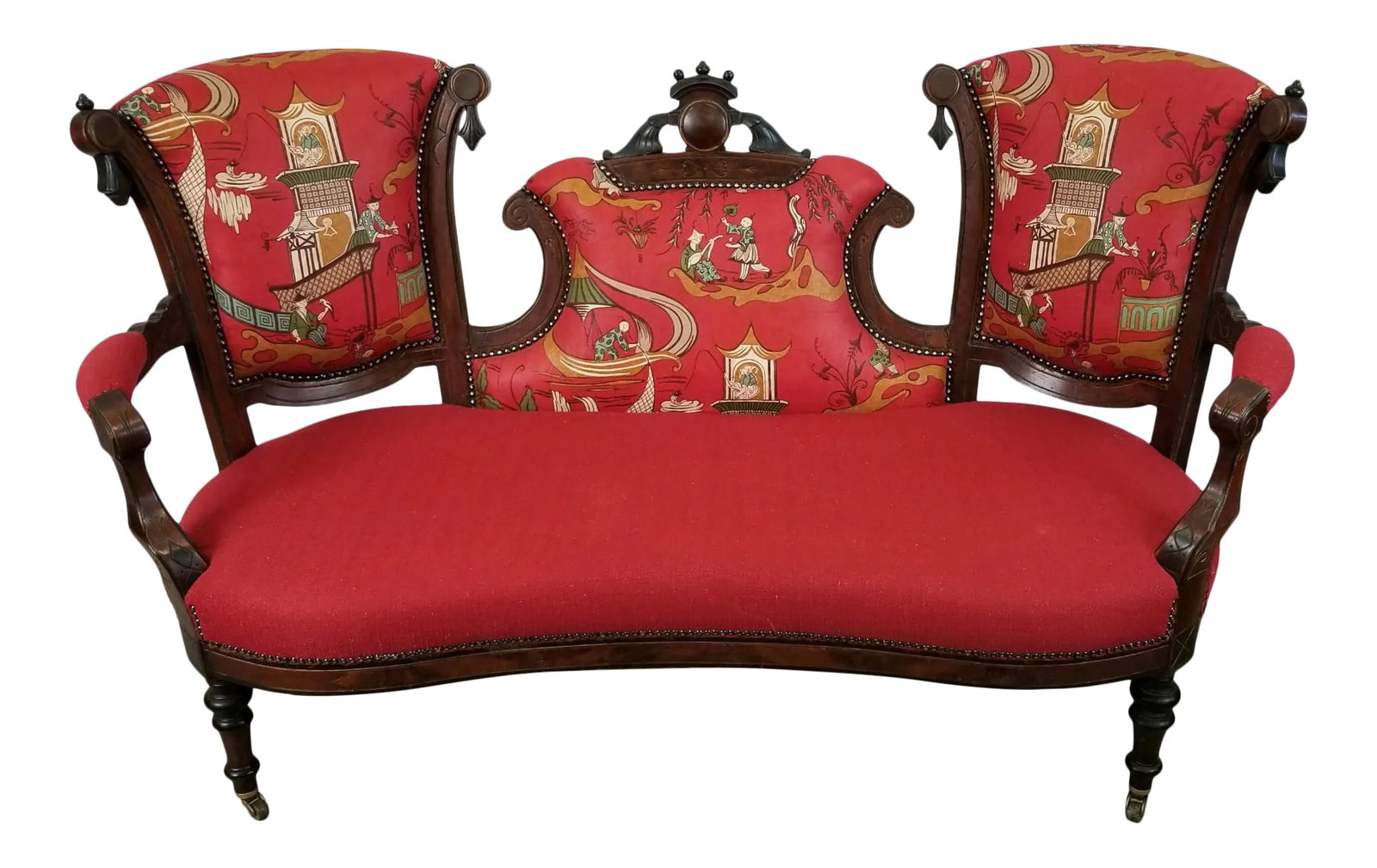 1800s Antique Sanderson & Sons Pagoda River Linen and Red Crypton Fabric Settee: Stunning antique sofa from 1800's that has been expertly restored in our upholstery workshop. Carved wood. New foam, antique brass nail trim. Upholstered in Pagoda River linen by Arthur Sanderson and 
