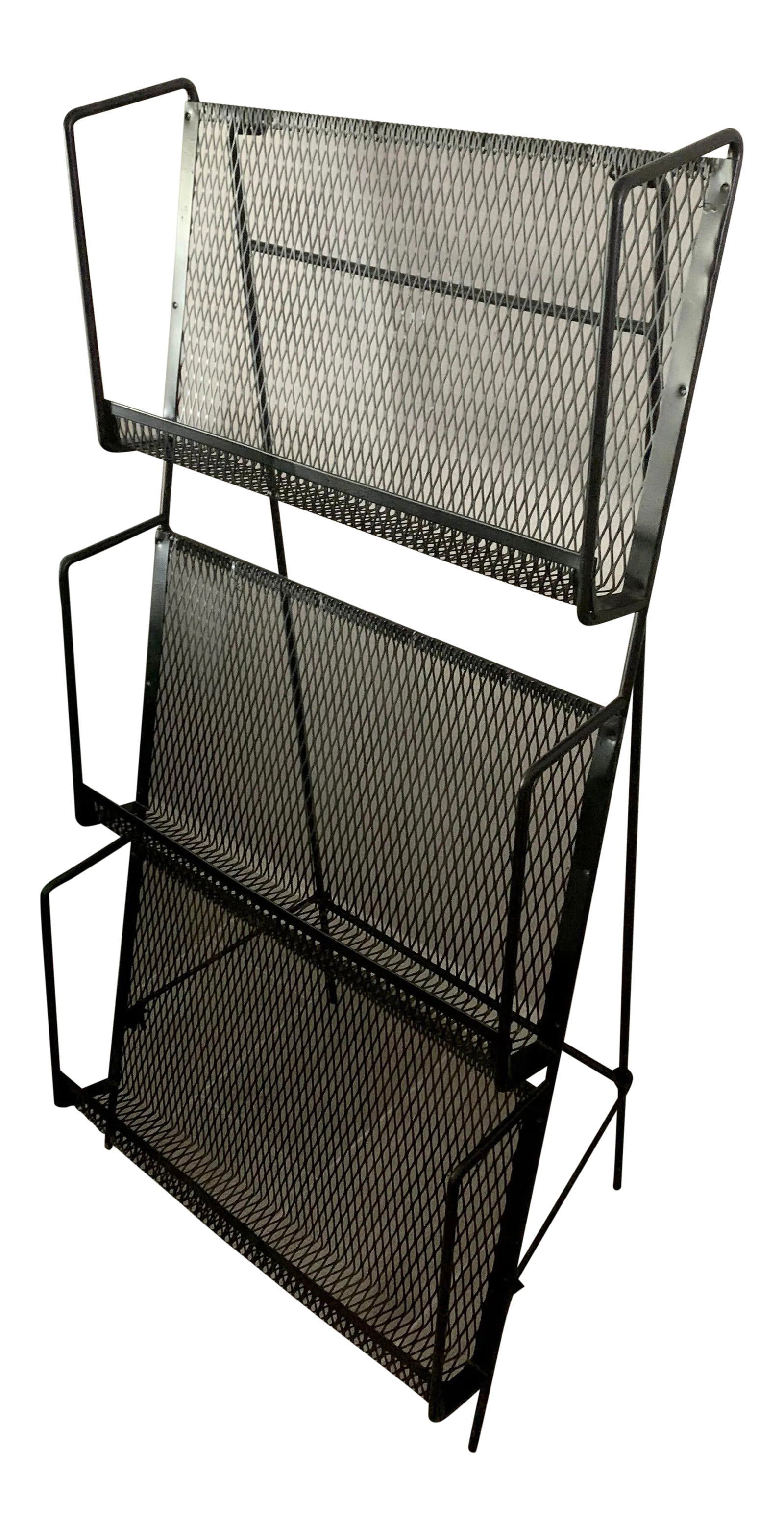Mid Century Modern Folding Iron Magazine Rack - Atomic Modernist Metal Design: A great display item for your books, magazines or any media. Three iron and mesh shelves that can fold up flat for transport, circa 1950-1960. Shelf inner depth is 2 1/2". Measures: Approximately 15