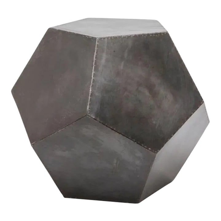 Senet Zinc Geometrical Stool/ Side Table: The Senet is a zinc dodecahedron composed of 12 pentagonal faces. Sculptural as well as functional, its geometric shape adds an industrial detail to any space. Condition: Alterations: Original Conditi