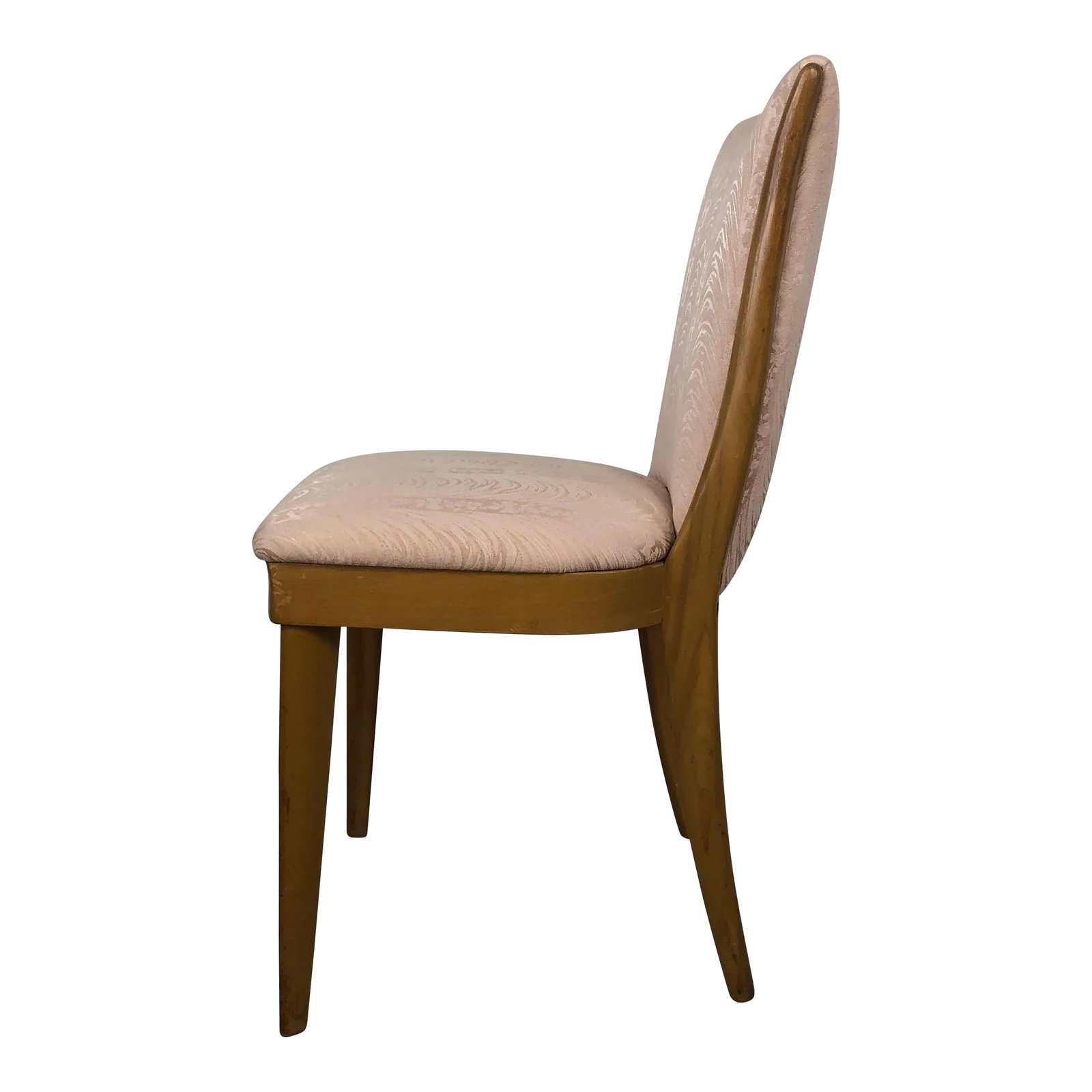 Mid Century Modern Upholstered Side Chair by Heywood Wakefield: This mid century modern side chair by Heywood Wakefield features hardwood frame, vintage upholstery, original champagne finish, and tall tapered legs. Matching writing desk available separately. Condi