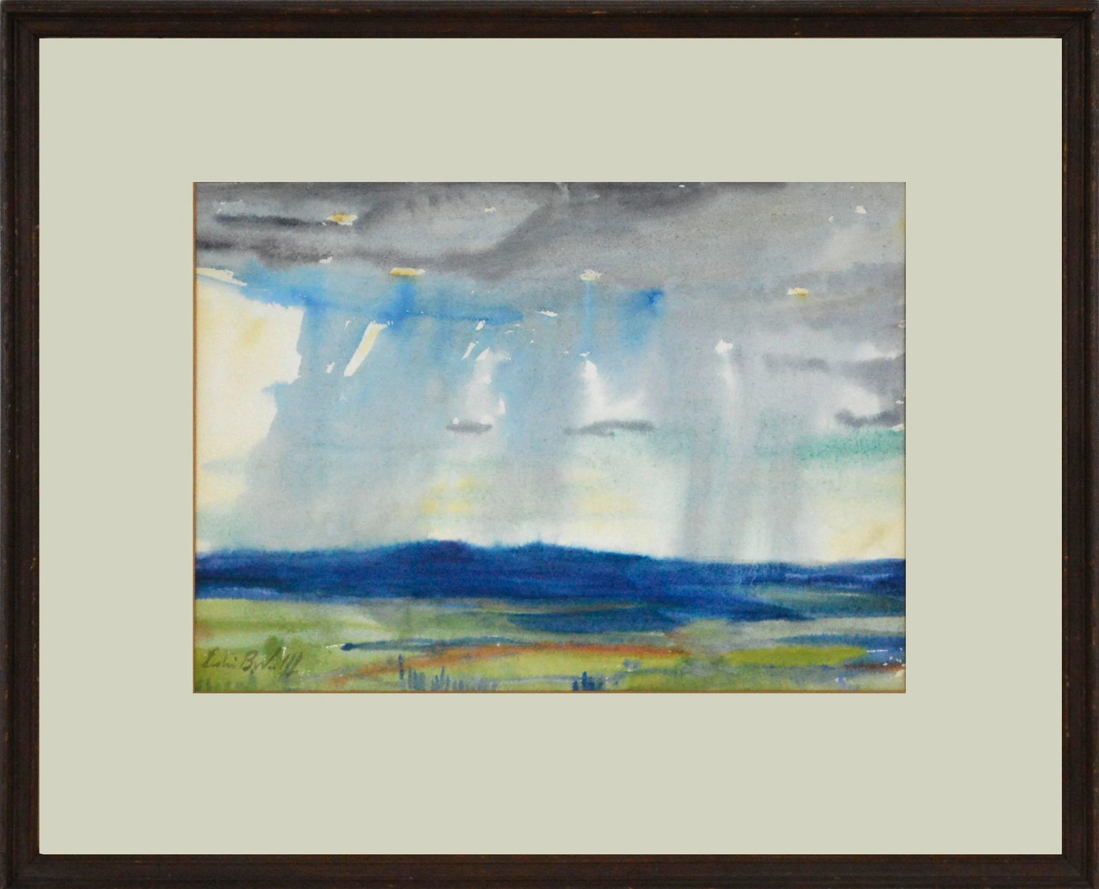1930s "Approaching Storm" California Rainstorm Landscape Watercolor Painting by Leslie Bruner Wulff,: Beautiful mid-1930's watercolor landscape of a vast valley with a rainstorm far in the distance by California artist Leslie Bruner Wulff (American, 1890-1968). The atmosphere and feeling of an approac