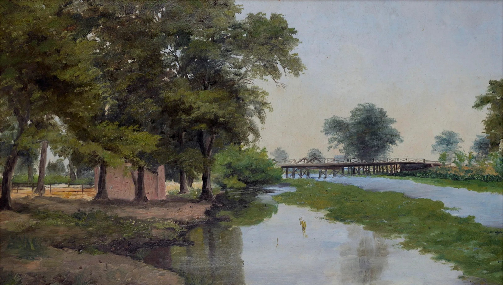 Early 20th Century Bay Area California Landscape with Bridge Oil Painting Attributed to Florence Bug - 2