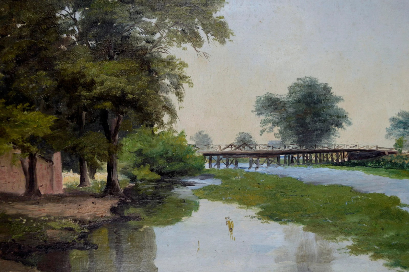 Early 20th Century Bay Area California Landscape with Bridge Oil Painting Attributed to Florence Bug - 3