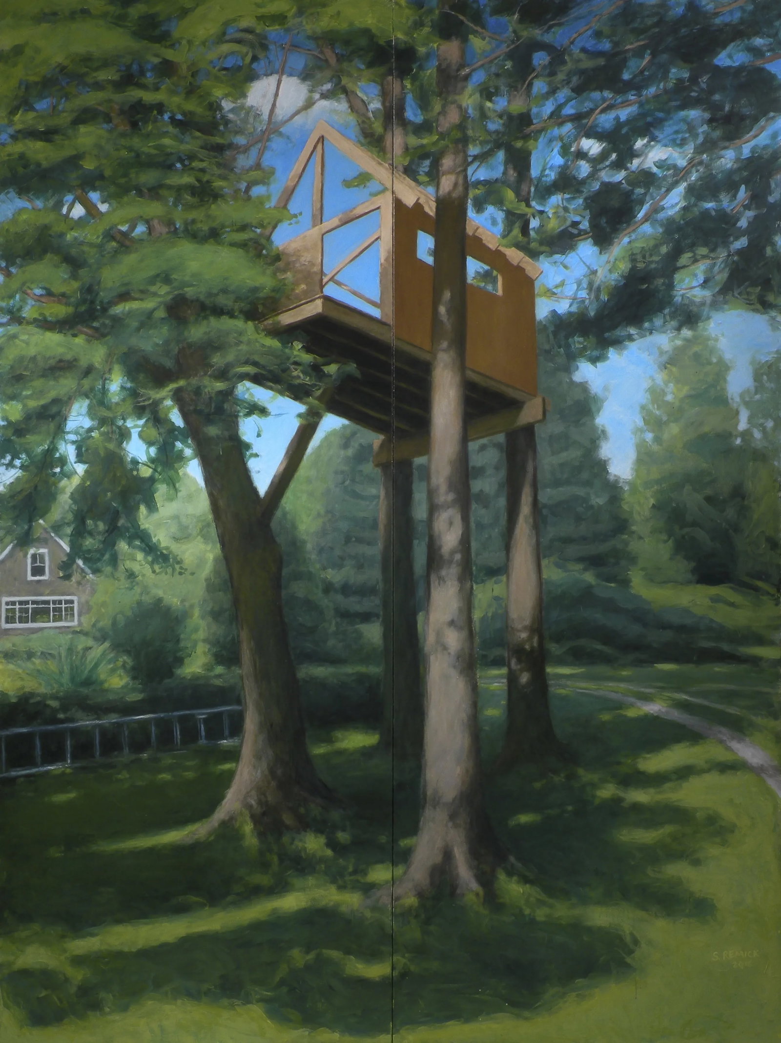 "Tree House ~ Looking Up" Contemporary Large Painting by Stephen Remick: Titled, "Tree House ~ Looking Up". An unfinished tree house at the height of summer evoking adventure. The "Looking Up" part is literal, but also hints at a positive attitude. Everyone has unfinished