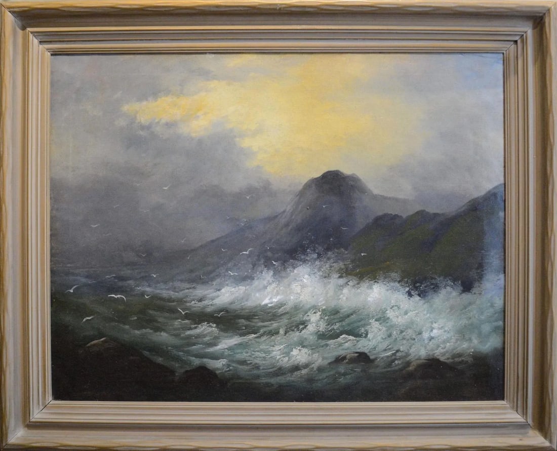 Late 20th Century Seascape Oil Painting, Framed: I wish I knew who painted this dramatic Romantic seascape depicting a rough surf crashing on the rocky shores of some volcanic island. The sea is entirely convincing, as is the brooding sky, with a