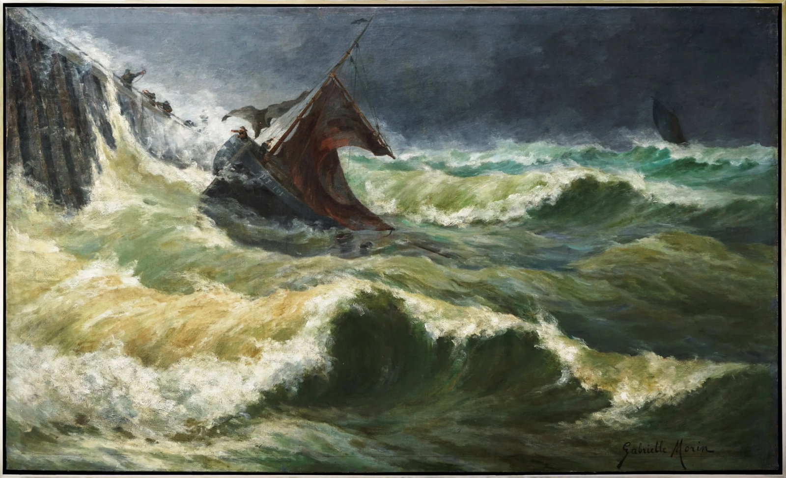 Late 19th Century "Rescue in Stormy Seas" Nautical Seascape Oil Painting on Canvas, Framed: A stunningly rich and unique oil painting in immaculate condition on canvas of a raging sea storm and sailor just off the edge of safety amidst large green tossing waves, full of movement, dark color 
