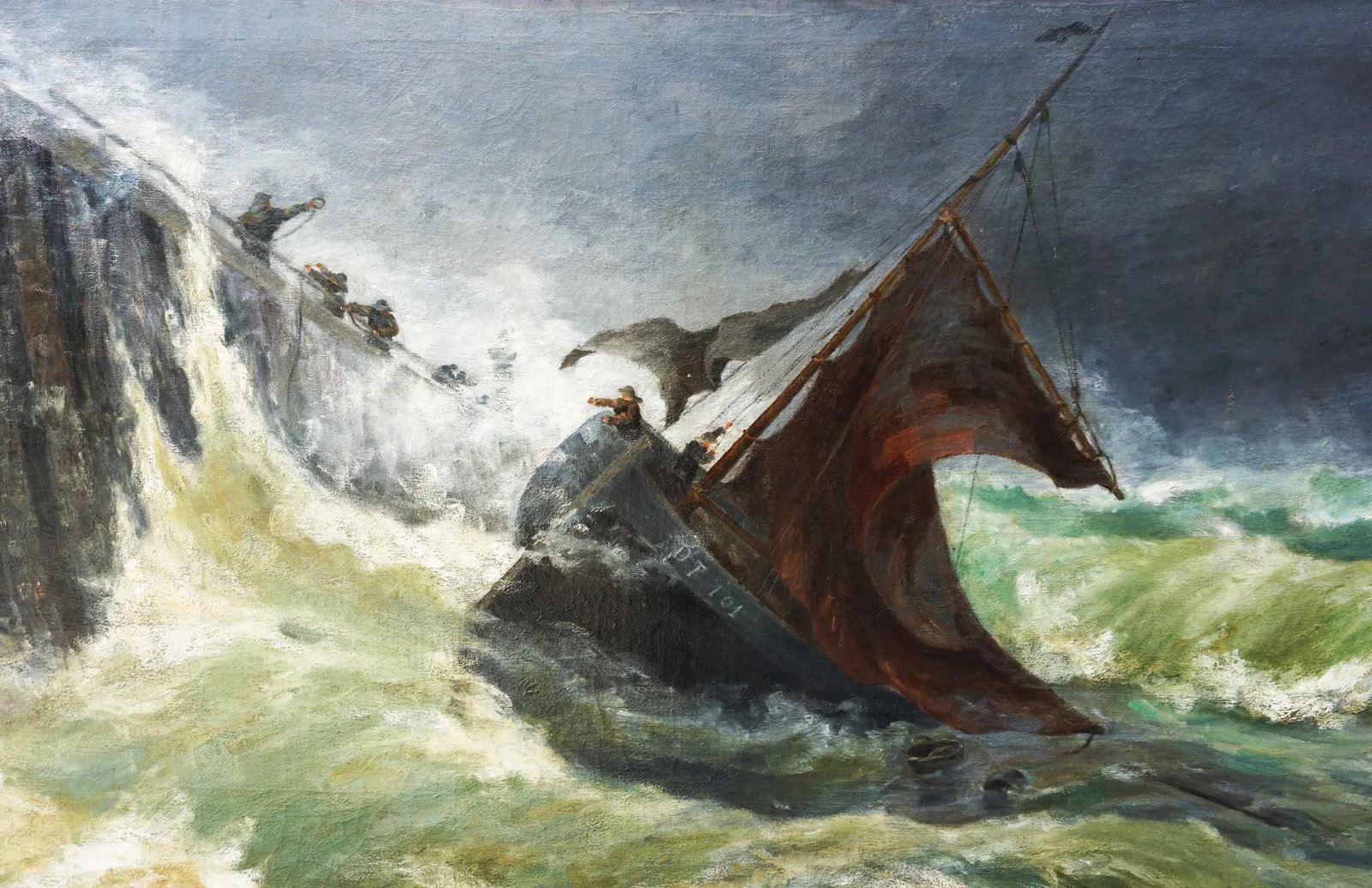 Late 19th Century "Rescue in Stormy Seas" Nautical Seascape Oil Painting on Canvas, Framed - 4