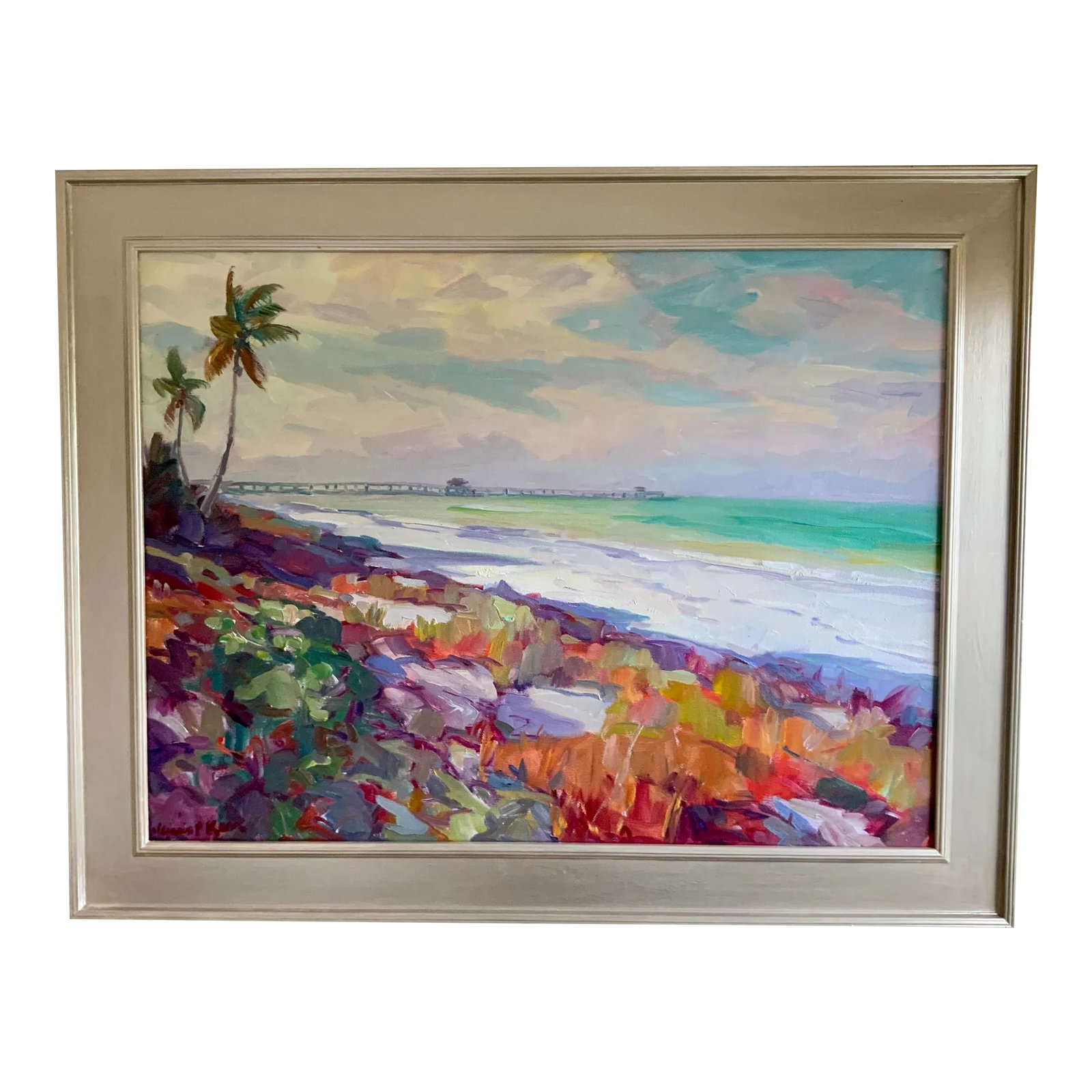 "Almost Spring" Contemporary Fauvist Beachscape Oil Painting by James P. Kerr, Framed: Almost Spring by James P Kerr. 30 x 40. Framed. Oil on canvas by Florida artist James P. Kerr. Signed lower left of painting, signed and inscribed on the back Condition: Alterations: Original