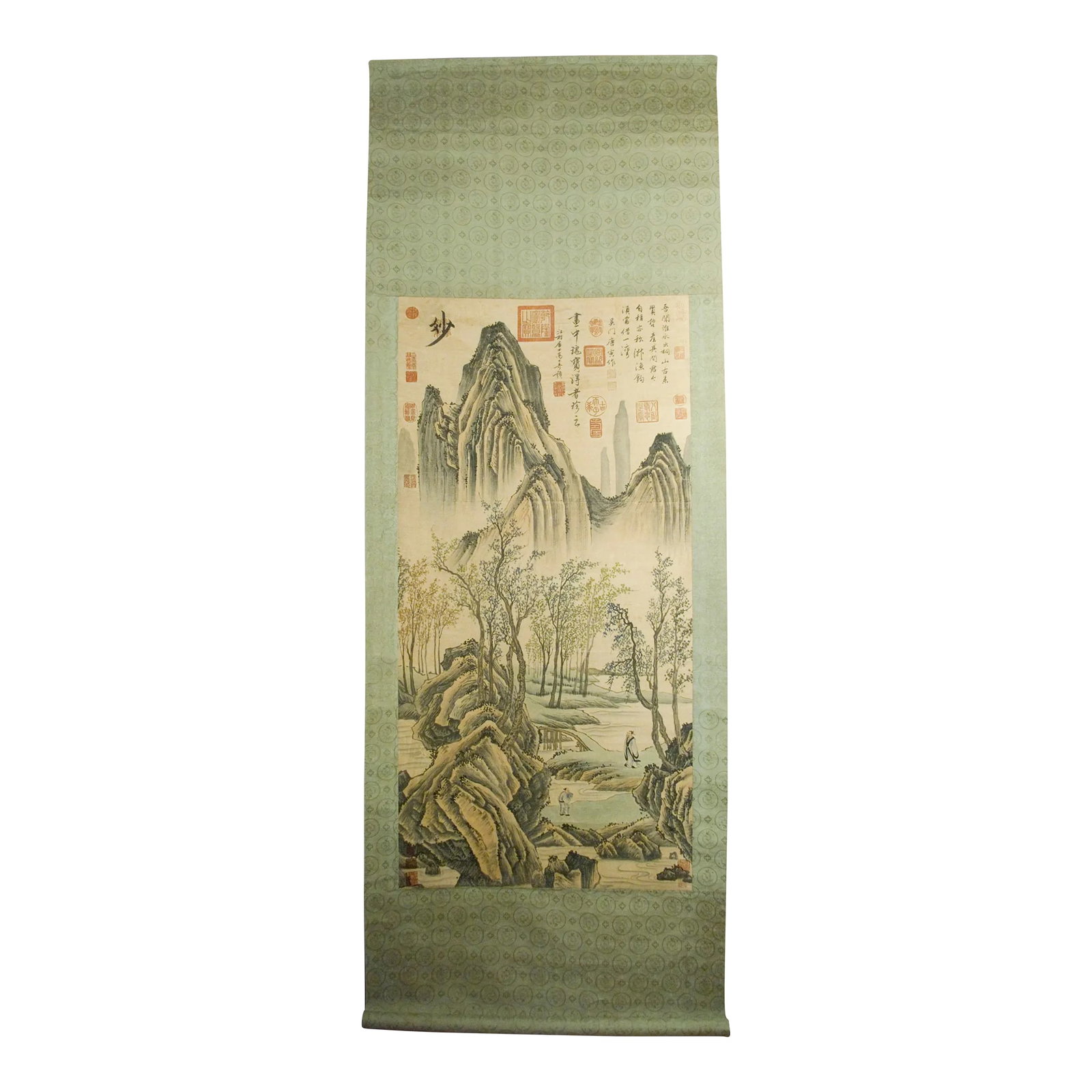 Early 20th Century Chinese Landscape Scroll: Chinese landscape scroll, freely drawn colored inks on heavy paper, mounted on a silver, gold and light green silk brocade in a dragon medallions pattern, signed, with two poems and numerous red seal 