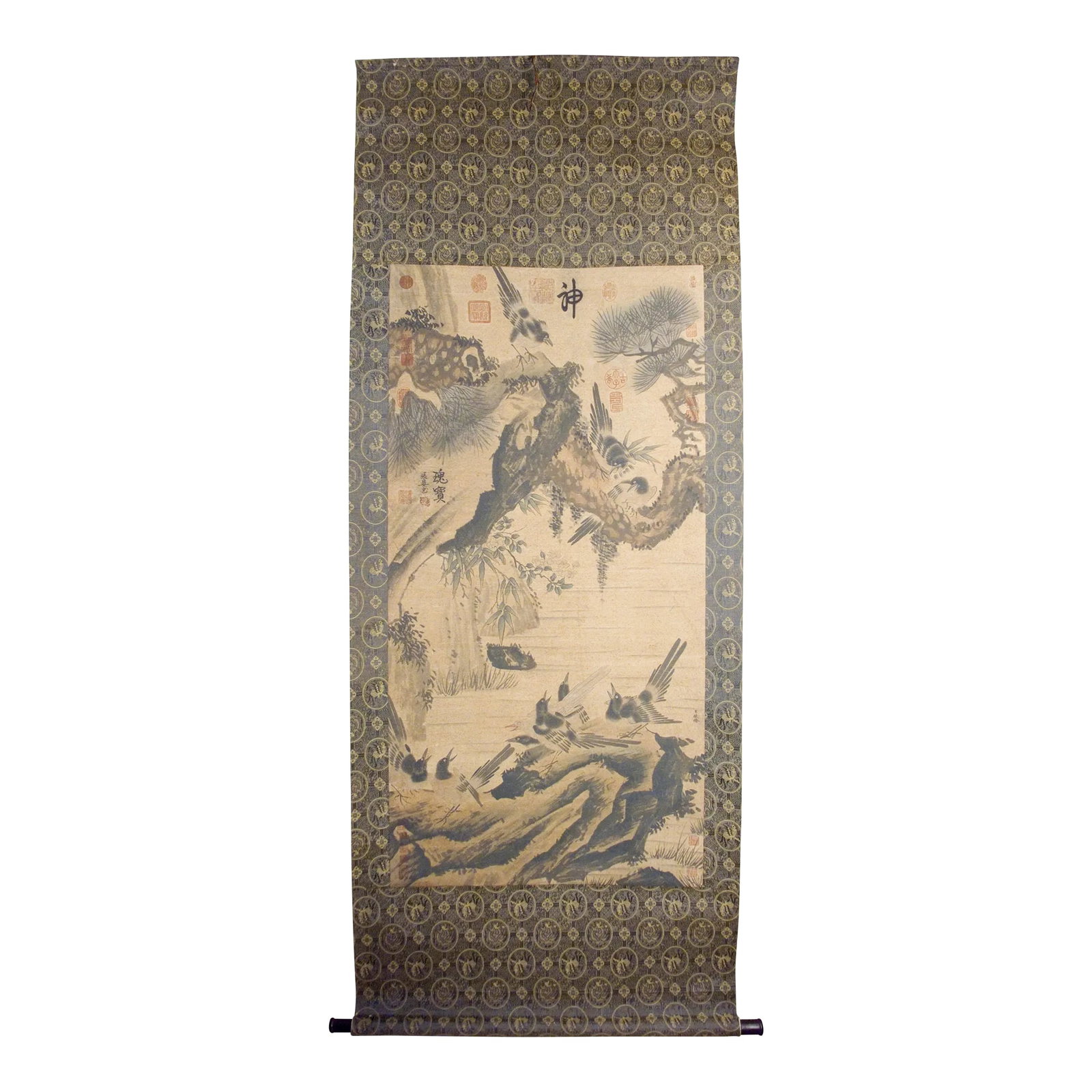 Early 20th Century Chinese Bird and Flower Scroll: Chinese bird and flower scroll, freely drawn colored inks on heavy paper, mounted on a black, gray and gold, dragon and phoenix medallions, silk brocade, signed, with numerous red seal marks in variou