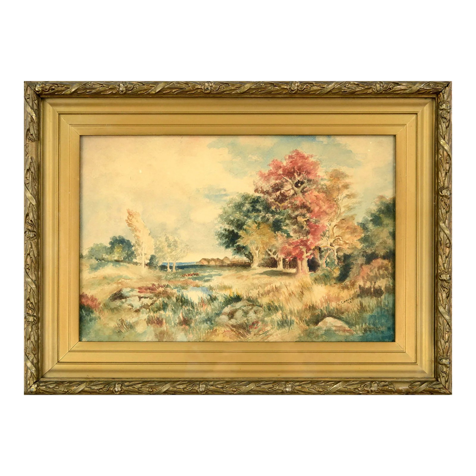 Early 20th Century Autumn Landscape Watercolor Painting by E. Camren, Framed: Beautiful early 20th century landscape watercolor by E. Camren (American, 19th-20th Century). This 1908 landscape features a grassy meadow dotted with autumn trees and small houses in the distance. Si