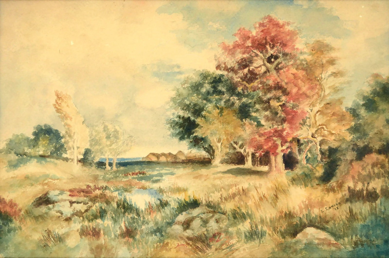 Early 20th Century Autumn Landscape Watercolor Painting by E. Camren, Framed - 2