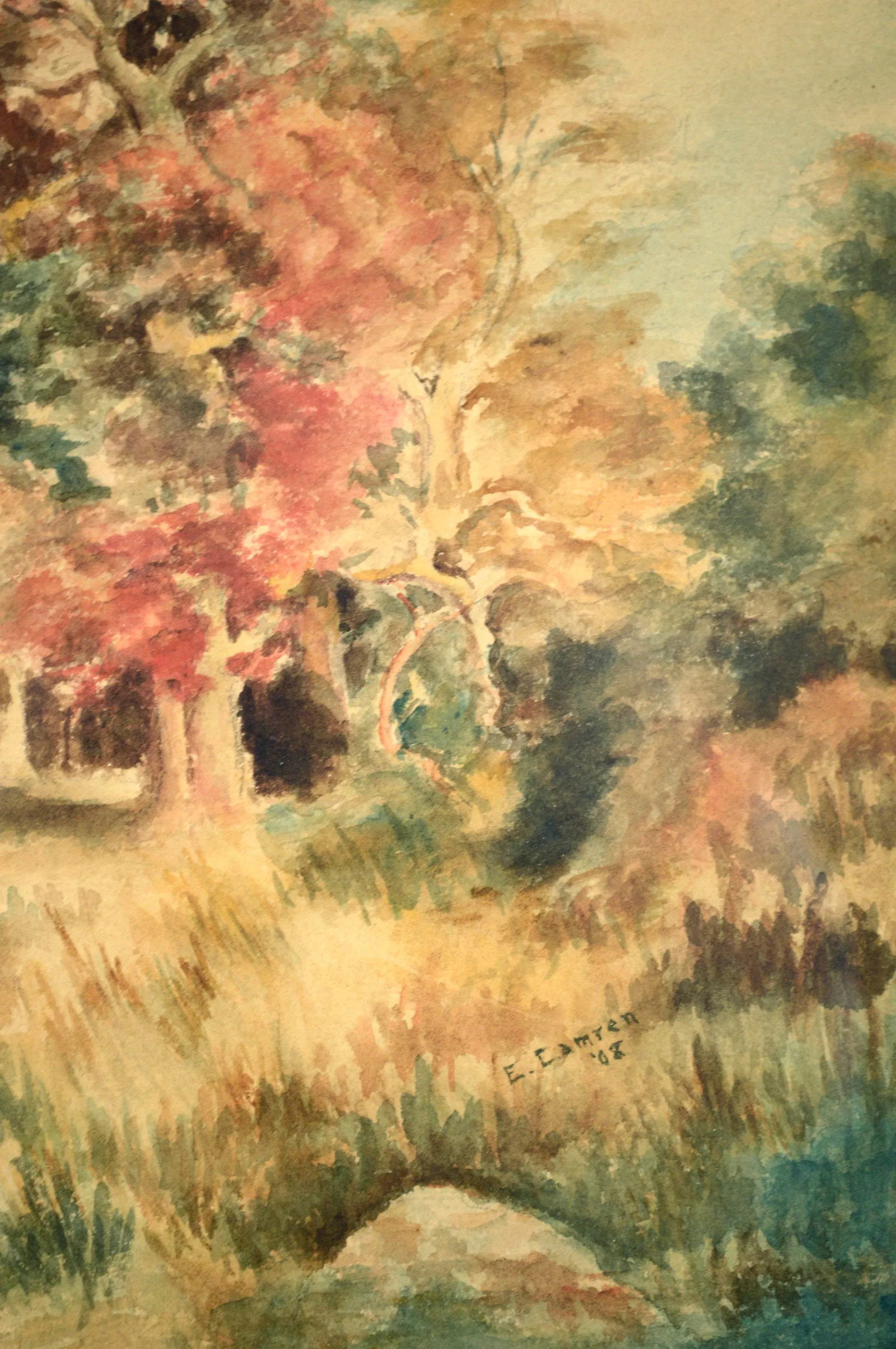 Early 20th Century Autumn Landscape Watercolor Painting by E. Camren, Framed - 5