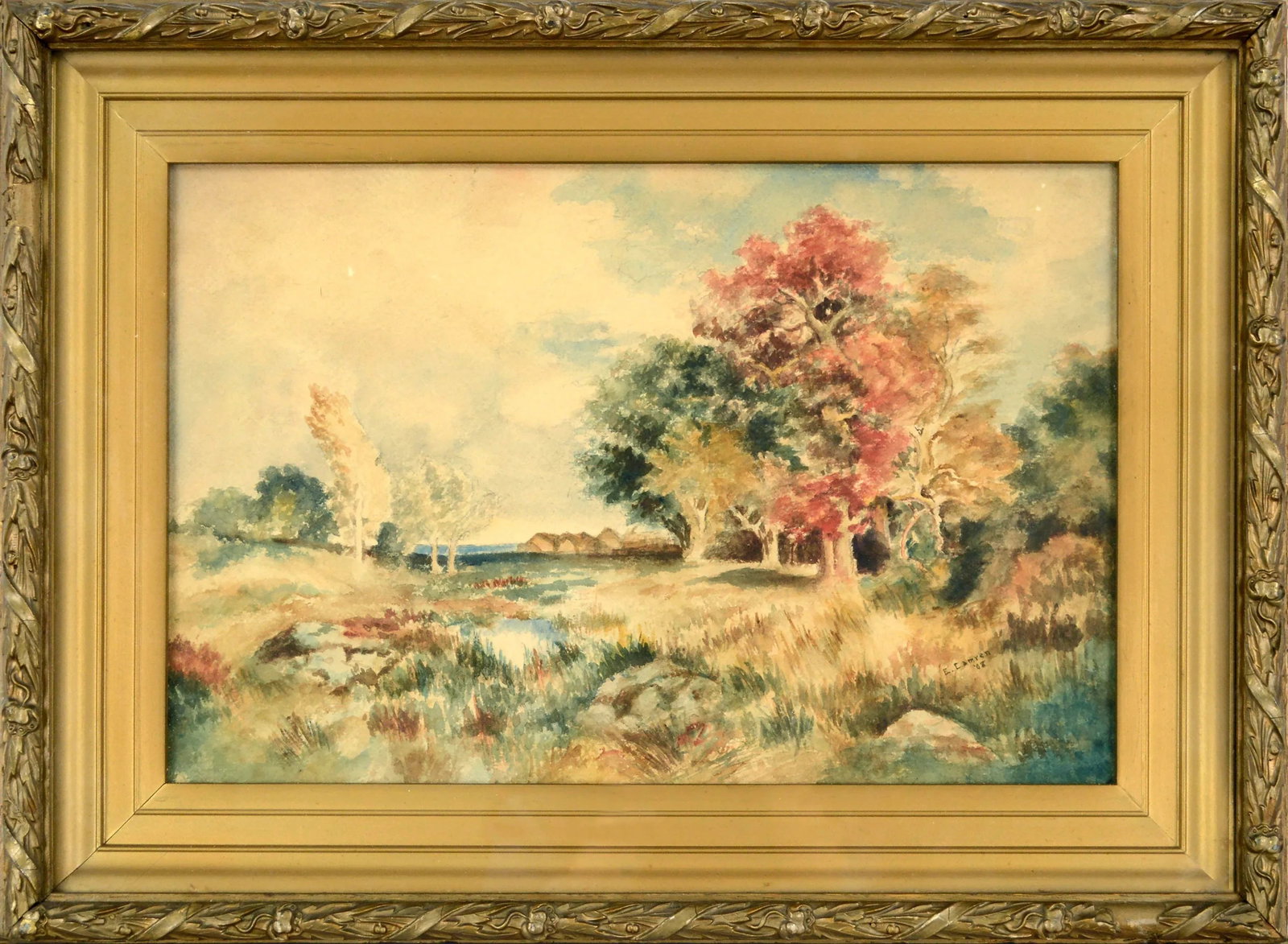 Early 20th Century Autumn Landscape Watercolor Painting by E. Camren, Framed - 8