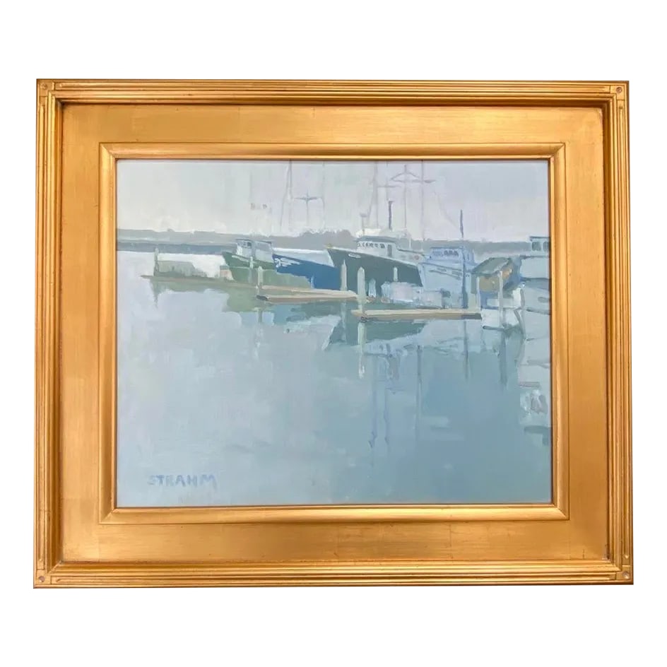 Contemporary Plein Air California Impressionist Boat Harbor Sailing Signed Paul Strahm: AWARD-WINNING ARTIST! This is a beautiful Original Oil Painting on Board by Listed California Artist, Paul Strahm. Strahm is a widely exhibited living artist and he has won countless awards for his