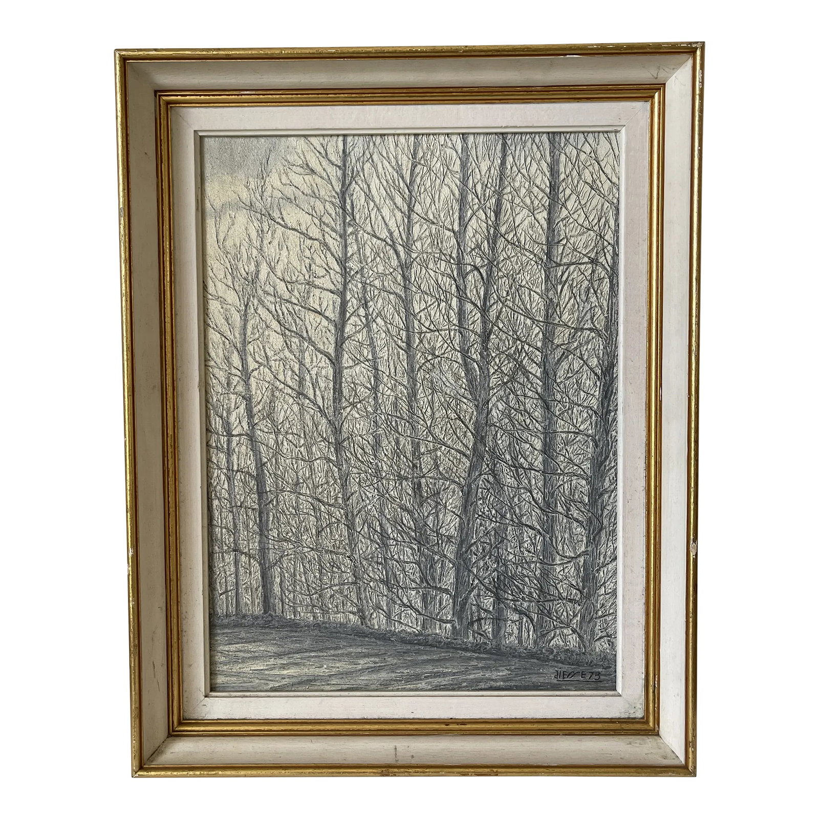 1973 Black and White Forest Landscape Oil Painting Signed Jiesse, Framed: Oil painting signed Jiesse dated 1973 representing a forest. Oil painting signed Jiesse dated 1973 representing a forest. The major colors are black and white. Trees devoid of leaves reveal a multitud