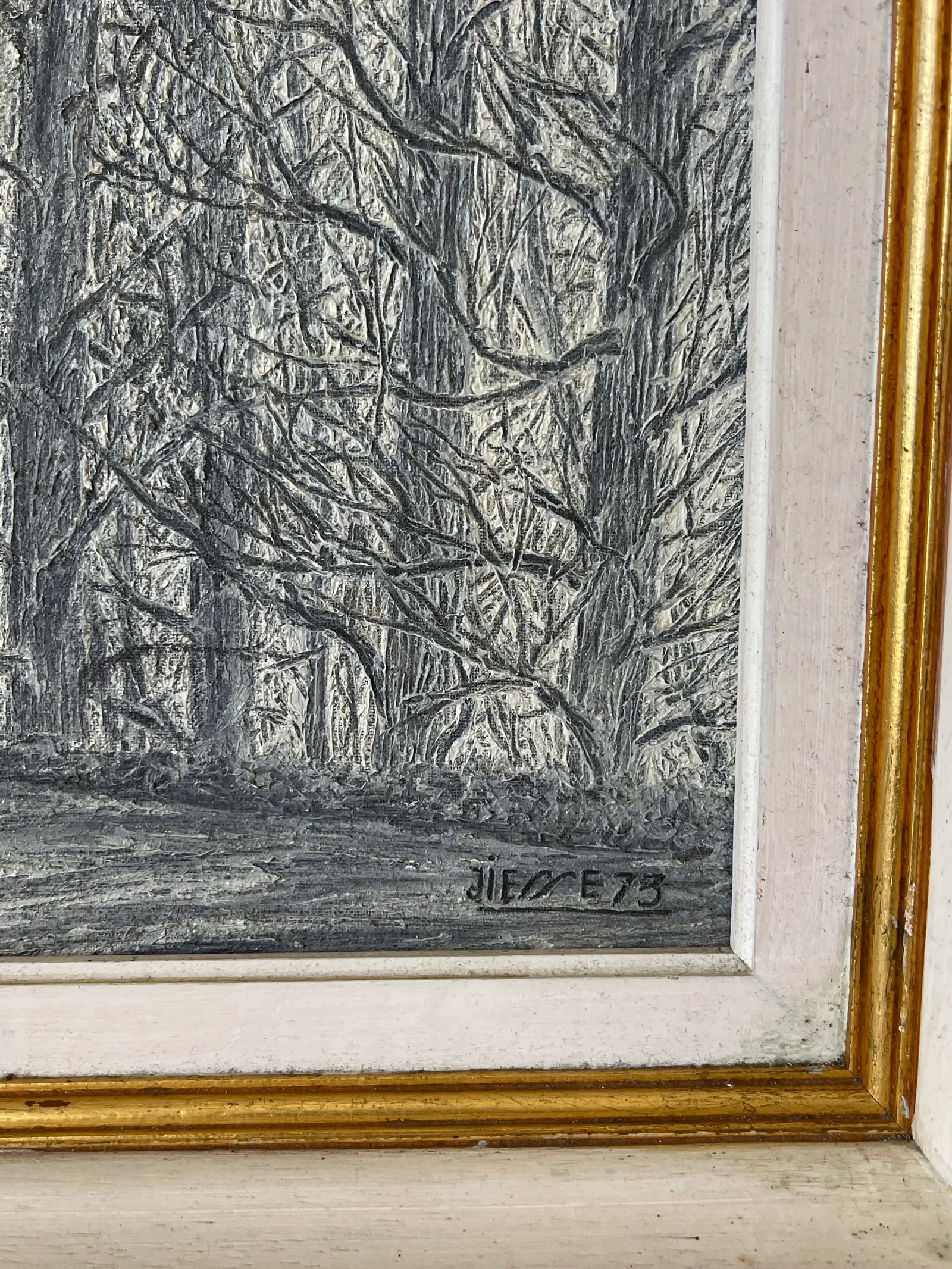 1973 Black and White Forest Landscape Oil Painting Signed Jiesse, Framed - 2