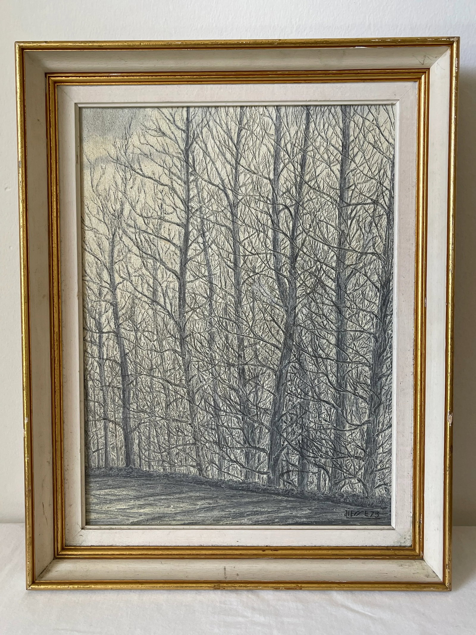 1973 Black and White Forest Landscape Oil Painting Signed Jiesse, Framed - 3