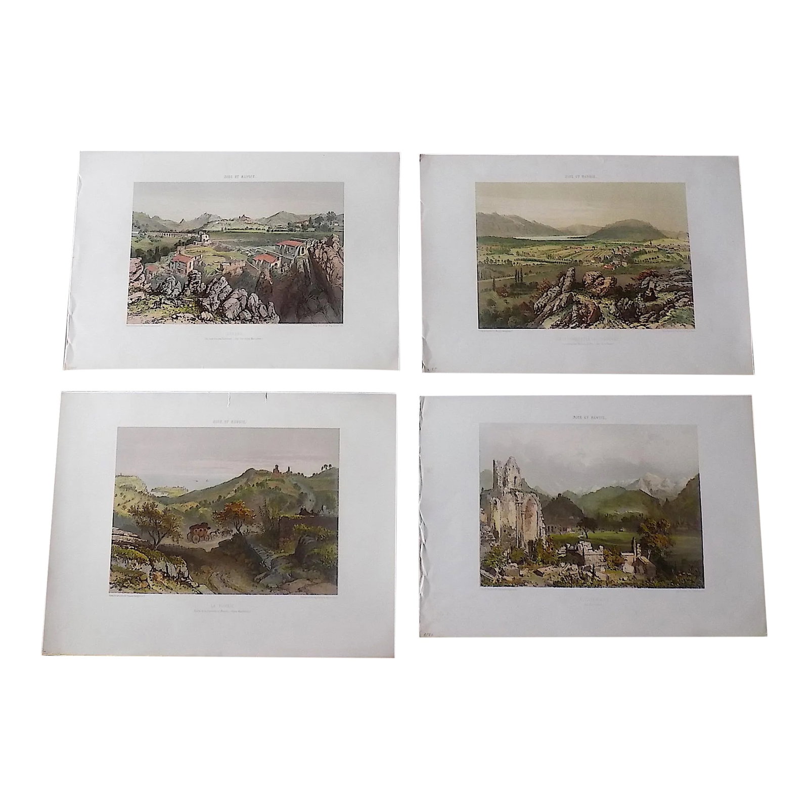 Antique Folio Size 19th Century Lithograph Views of Nice & Savoy - Set of 4: This set of four (4) hand finished antique mid 19th century chromolithographs (each color laid in with a separate lithographic stone) depicts views of Nice and Savoy in France. Printed on one side