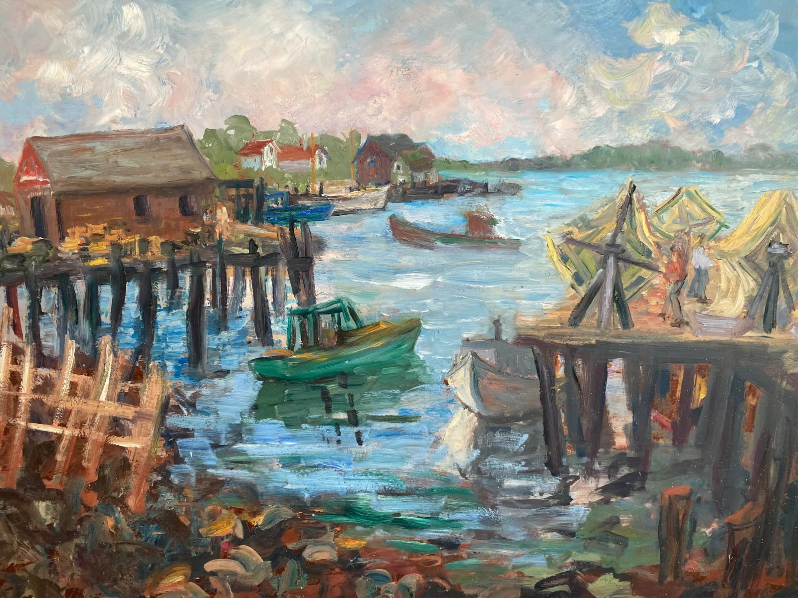 Large Vintage Wpa Style Dock Scene Painting, Signed, Framed - 11