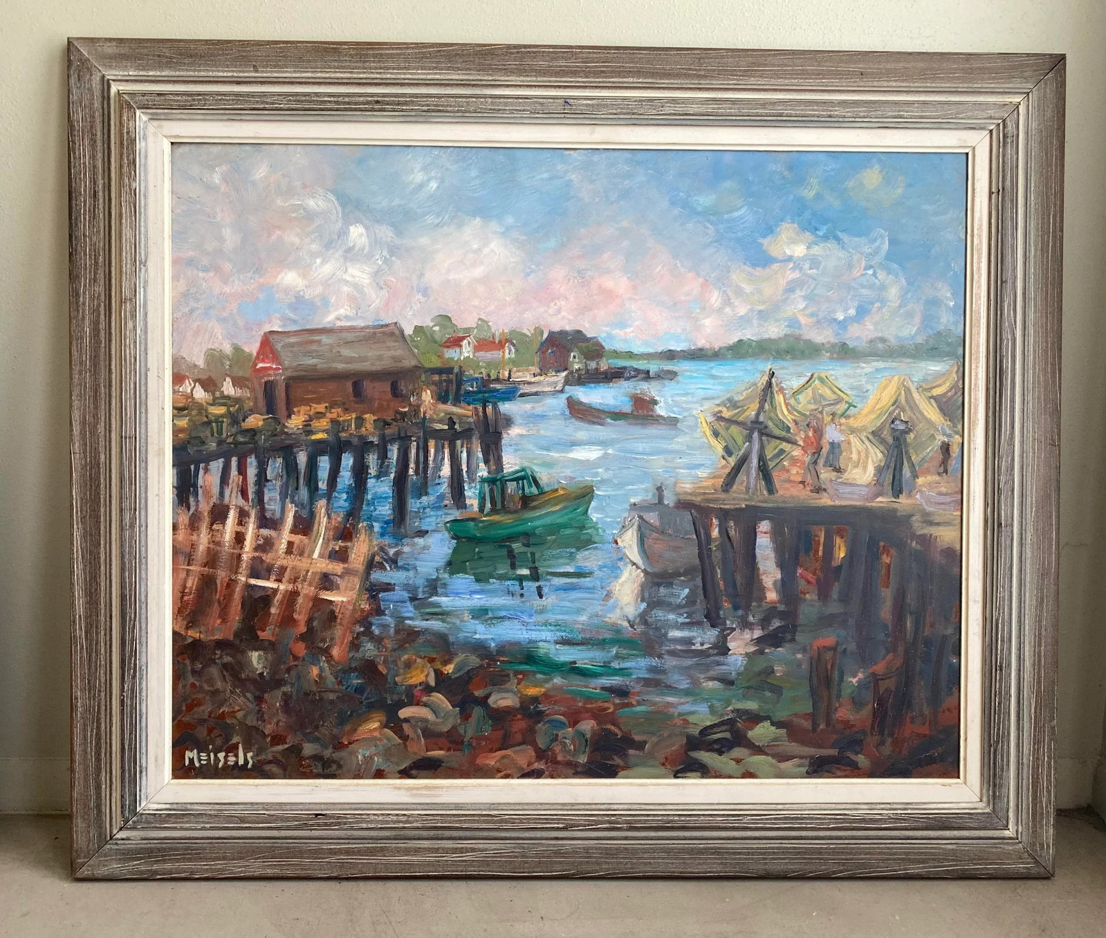 Large Vintage Wpa Style Dock Scene Painting, Signed, Framed - 13
