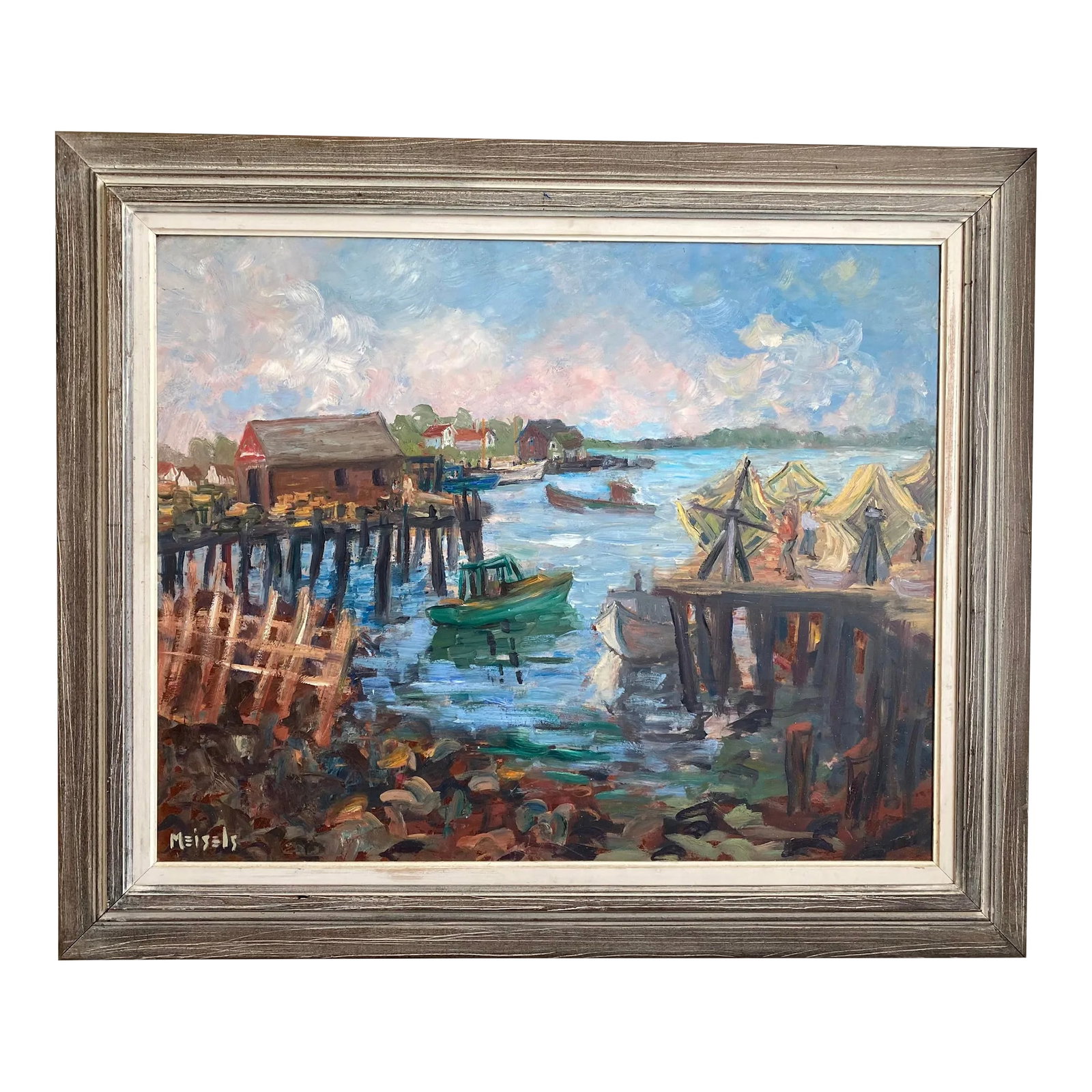 Large Vintage Wpa Style Dock Scene Painting, Signed, Framed: Wonderful vintage WPA style dock scene painting. Oil on masonite measures 26" x 32". With the fabulous multi-layered period frame, measures 32" x 38" Signed lower left. Much to see in this painting, w