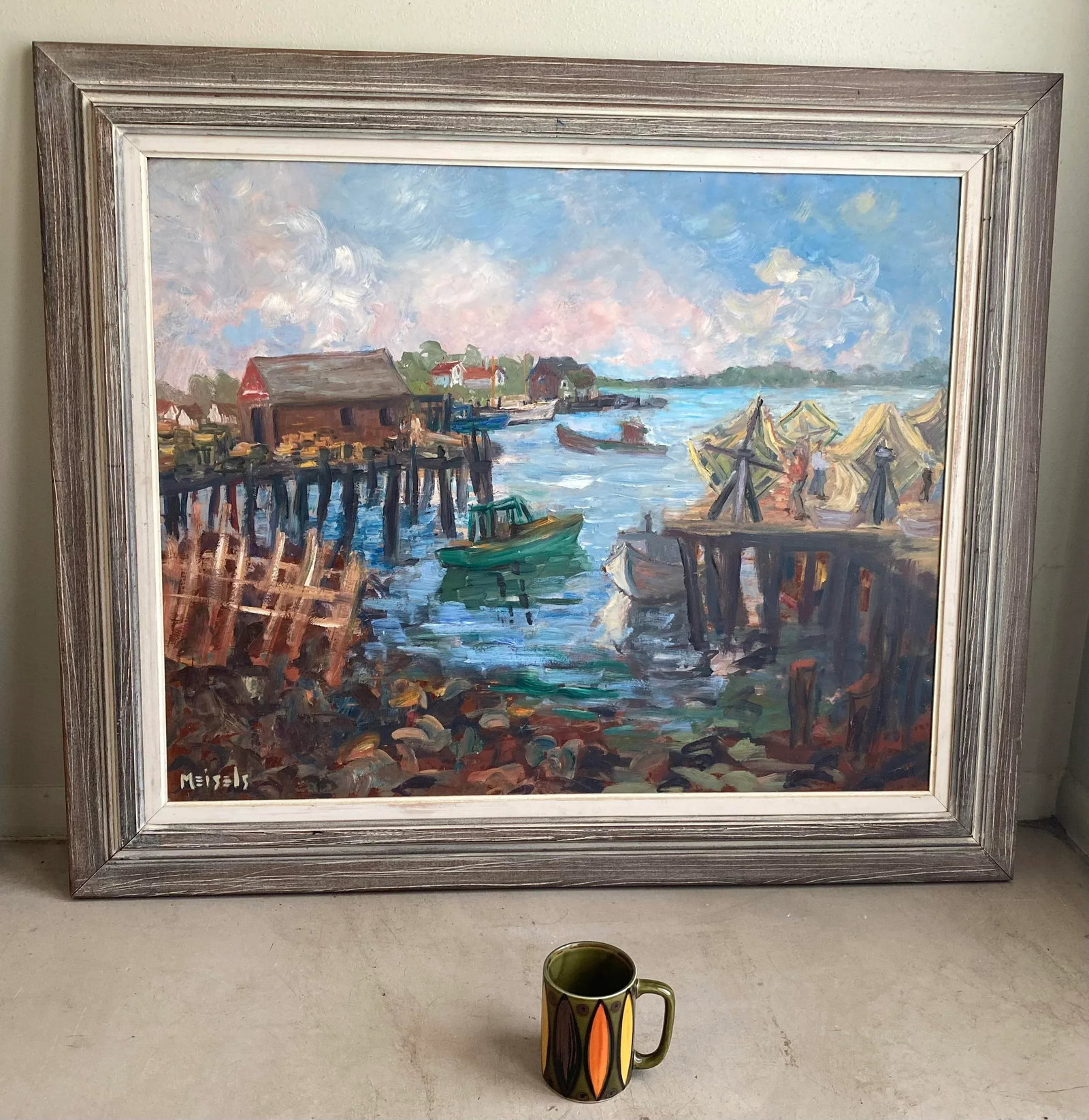 Large Vintage Wpa Style Dock Scene Painting, Signed, Framed - 2