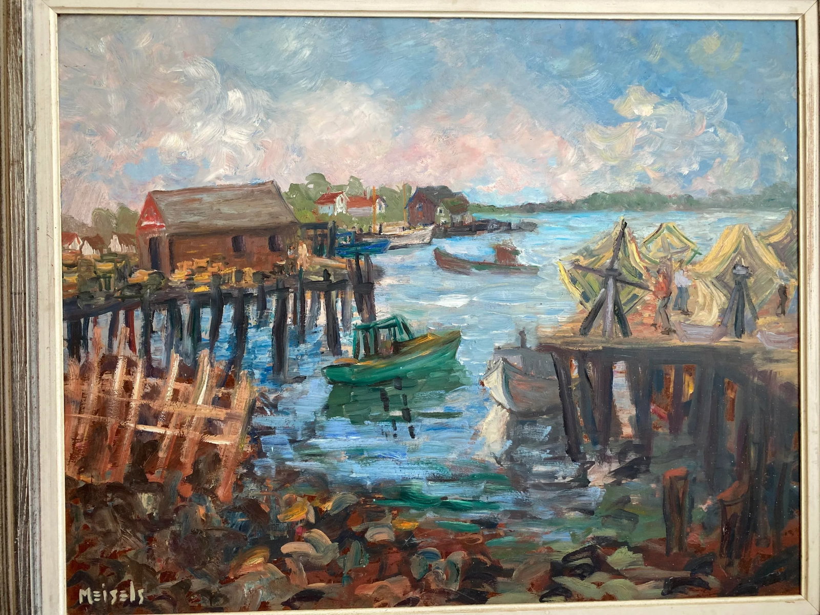 Large Vintage Wpa Style Dock Scene Painting, Signed, Framed - 4