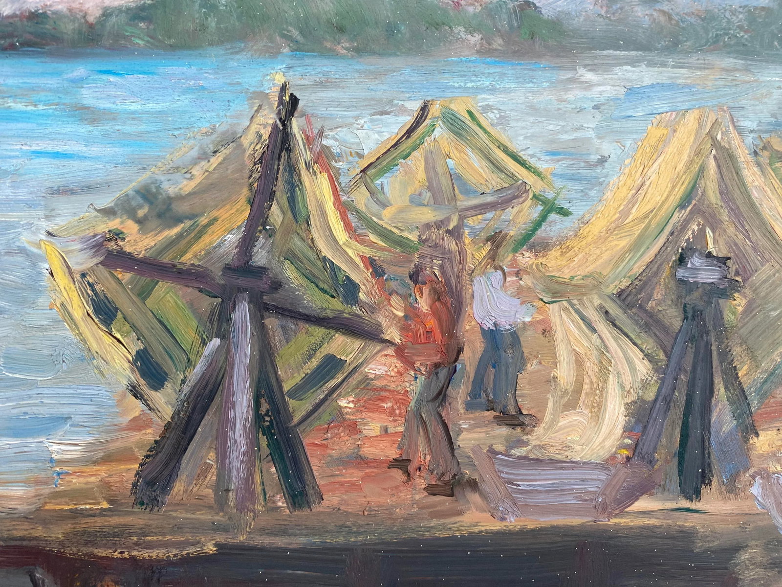 Large Vintage Wpa Style Dock Scene Painting, Signed, Framed - 7